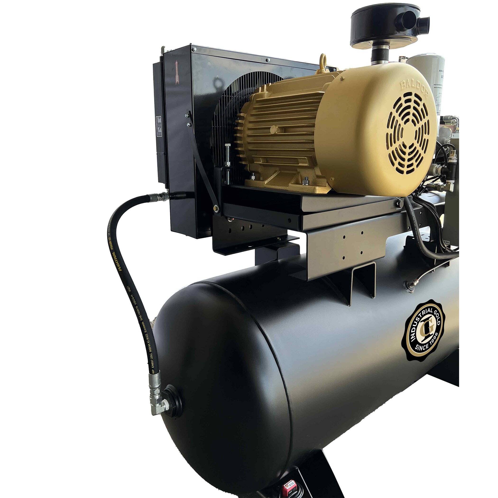 Compresor de aire horizontal eléctrico de 120 galones y 150 PSI, modelo R203H126 con acabado dorado industrial