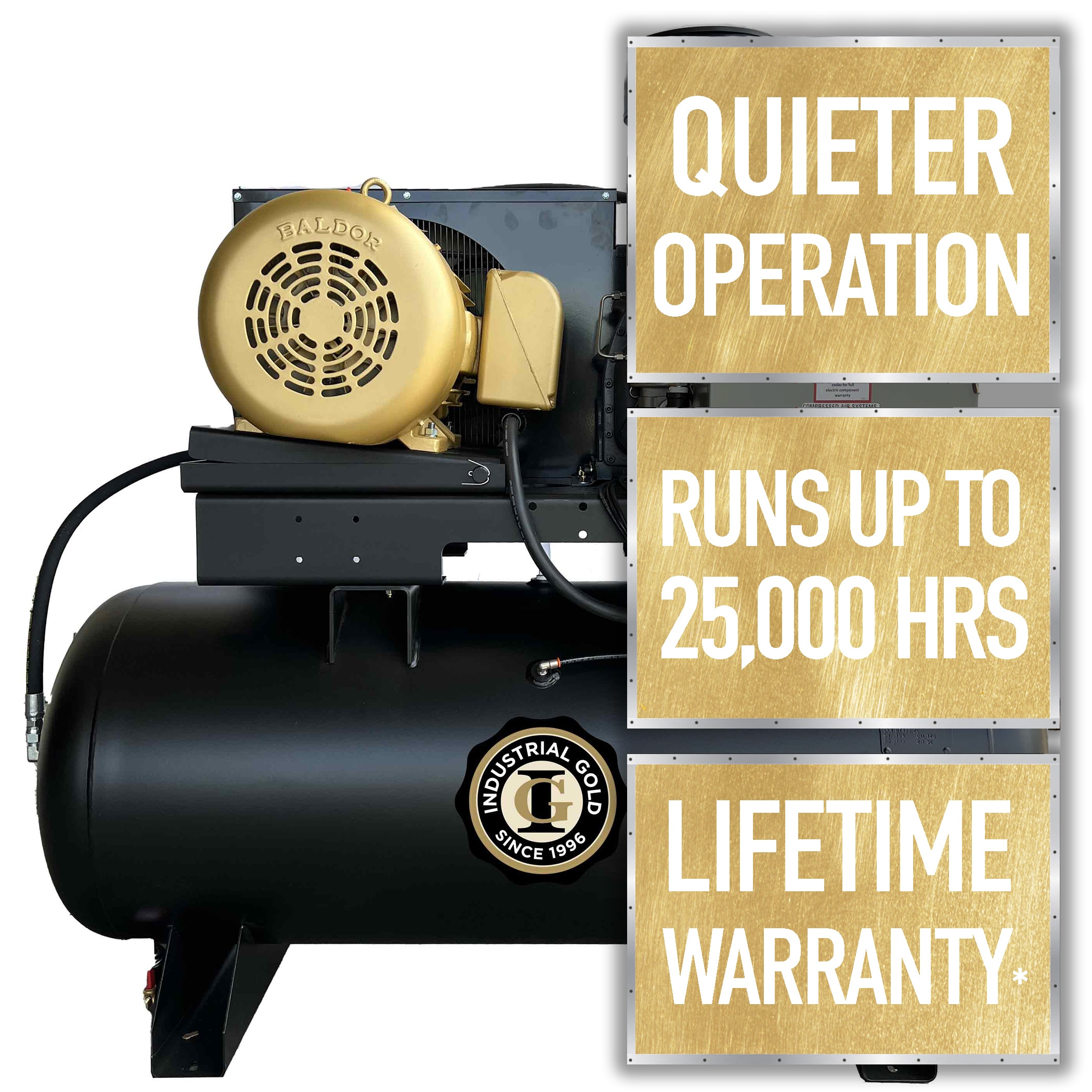 Compresor de aire horizontal eléctrico de 120 galones y 150 PSI, modelo R203H126 con acabado dorado industrial