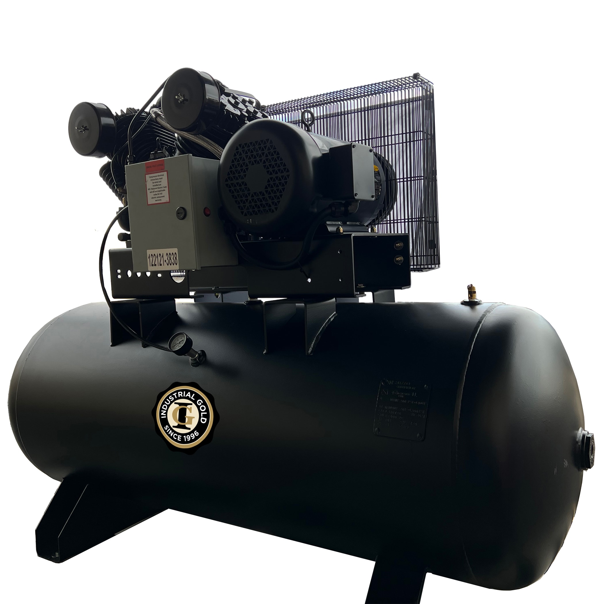 Compresor de aire horizontal eléctrico de 120 galones y 150 PSI, modelo R203H126 con acabado dorado industrial