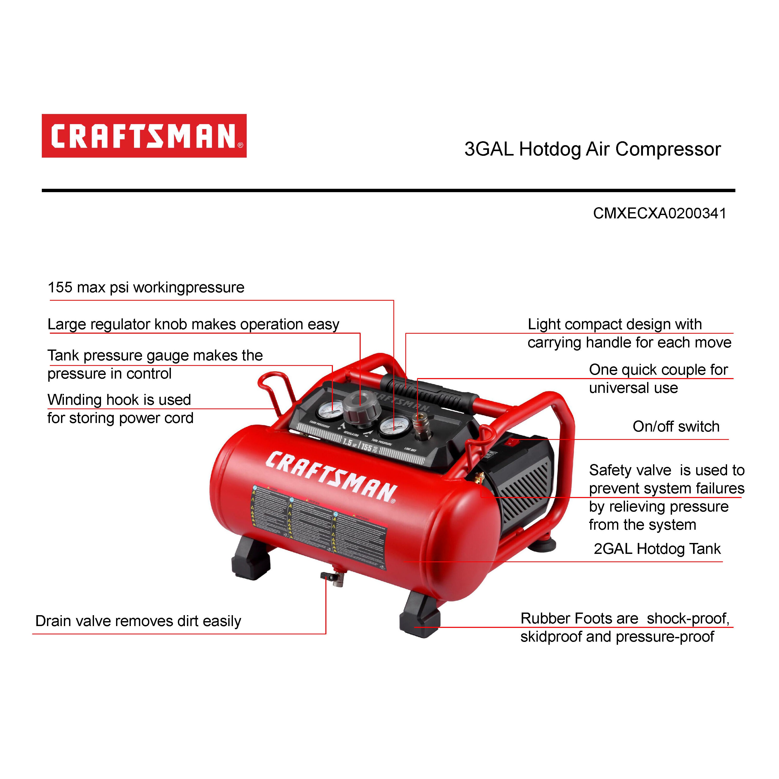 Compresor de aire portátil de salchicha eléctrico de 3 galones y 155 PSI - CRAFTSMAN CM-0200341