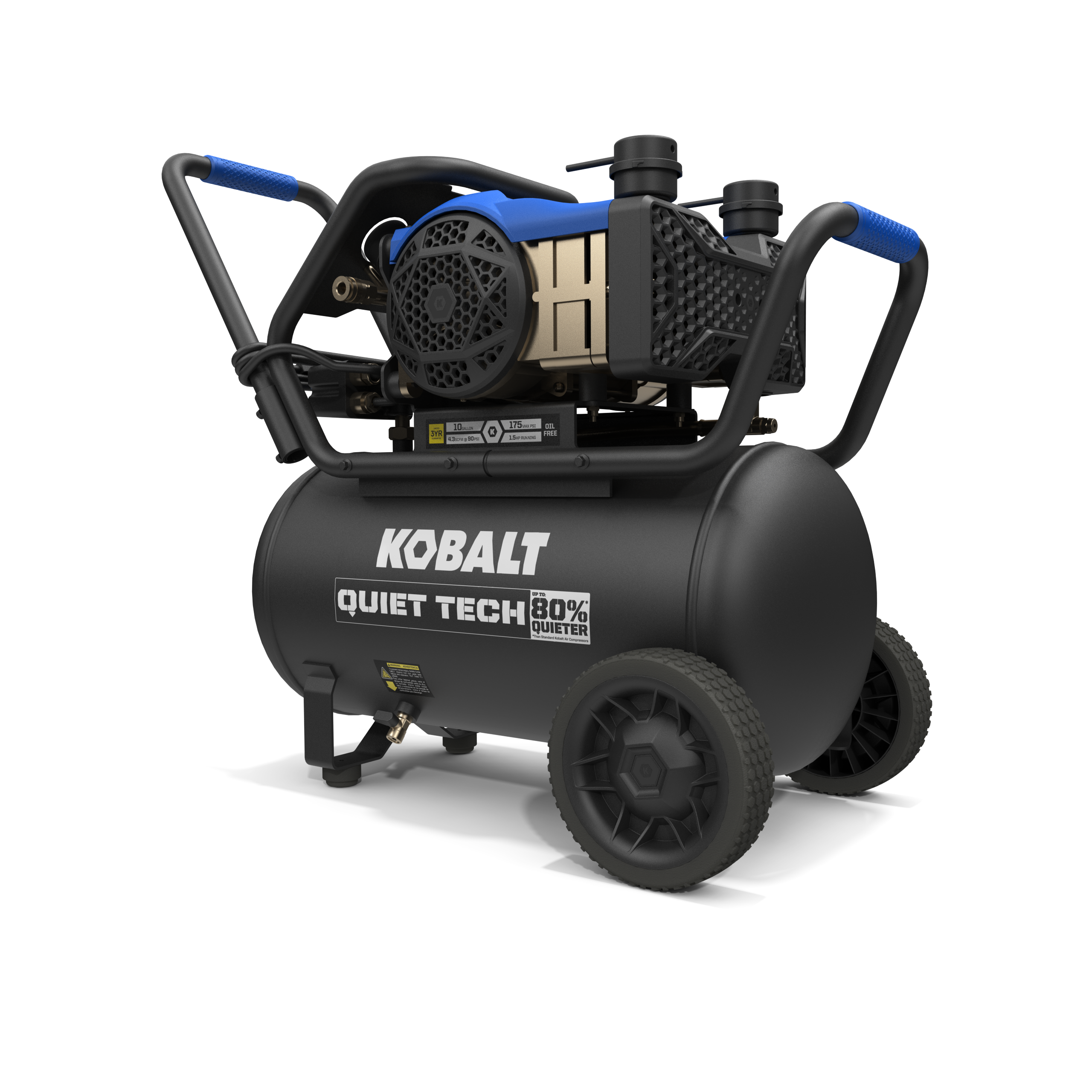 Compresor de aire portátil horizontal de 10 galones Kobalt QUIET TECH con capacidad de 175 PSI JFD-10G-S