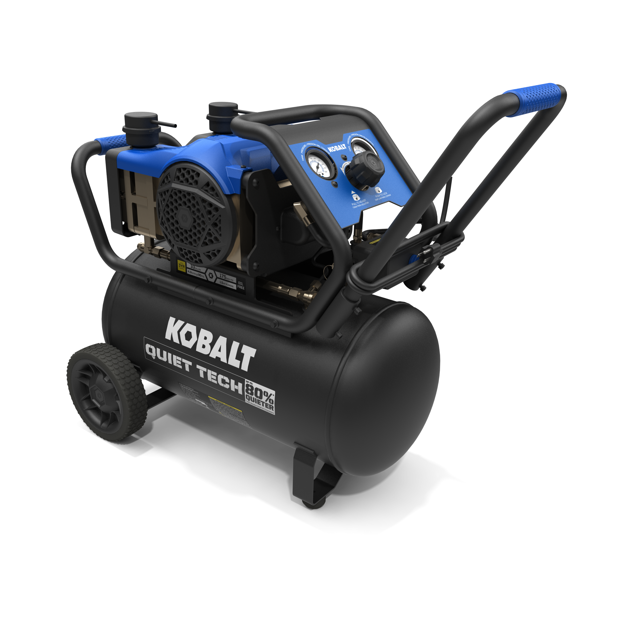 Compresor de aire portátil horizontal de 10 galones Kobalt QUIET TECH con capacidad de 175 PSI JFD-10G-S
