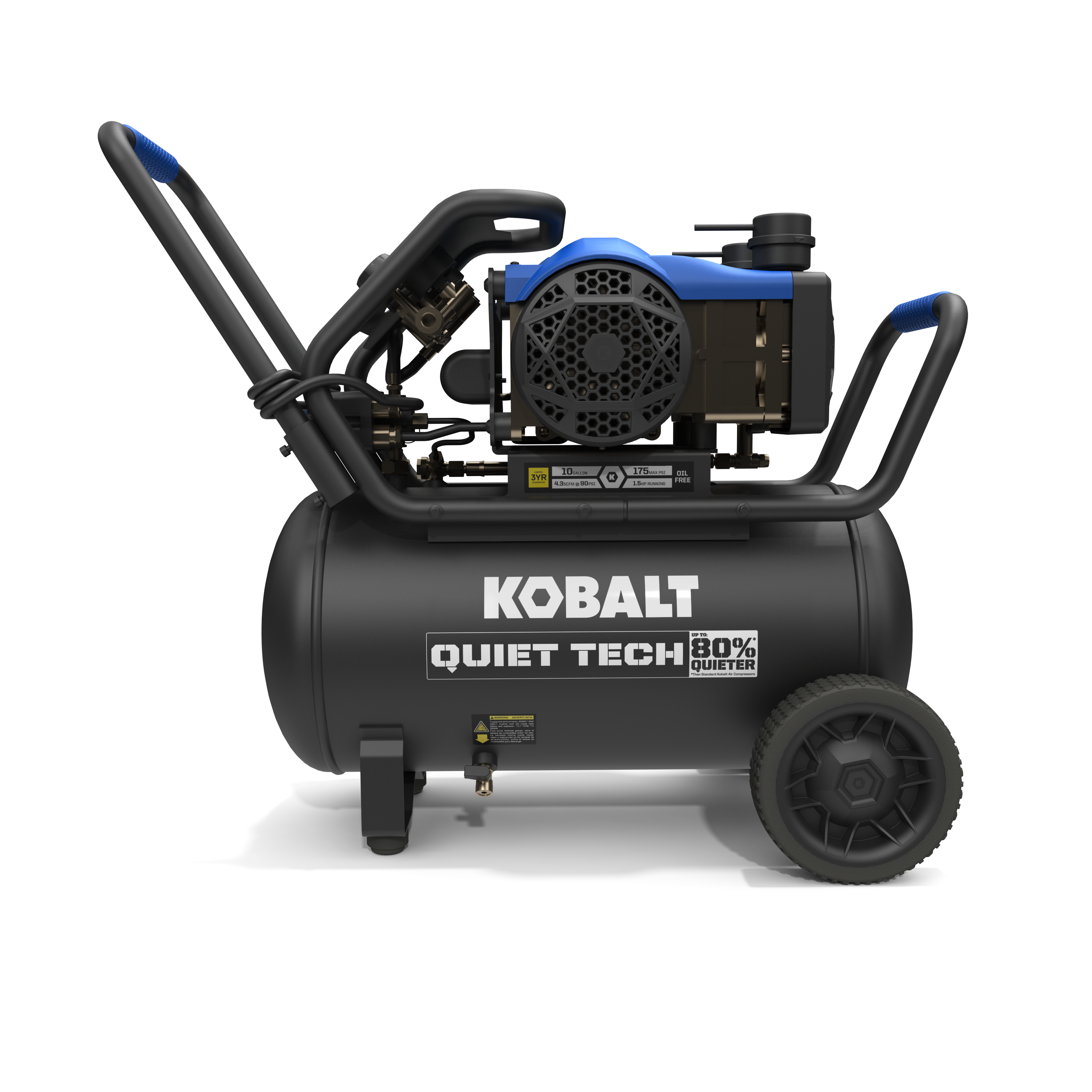 Compresor de aire portátil horizontal de 10 galones Kobalt QUIET TECH con capacidad de 175 PSI JFD-10G-S