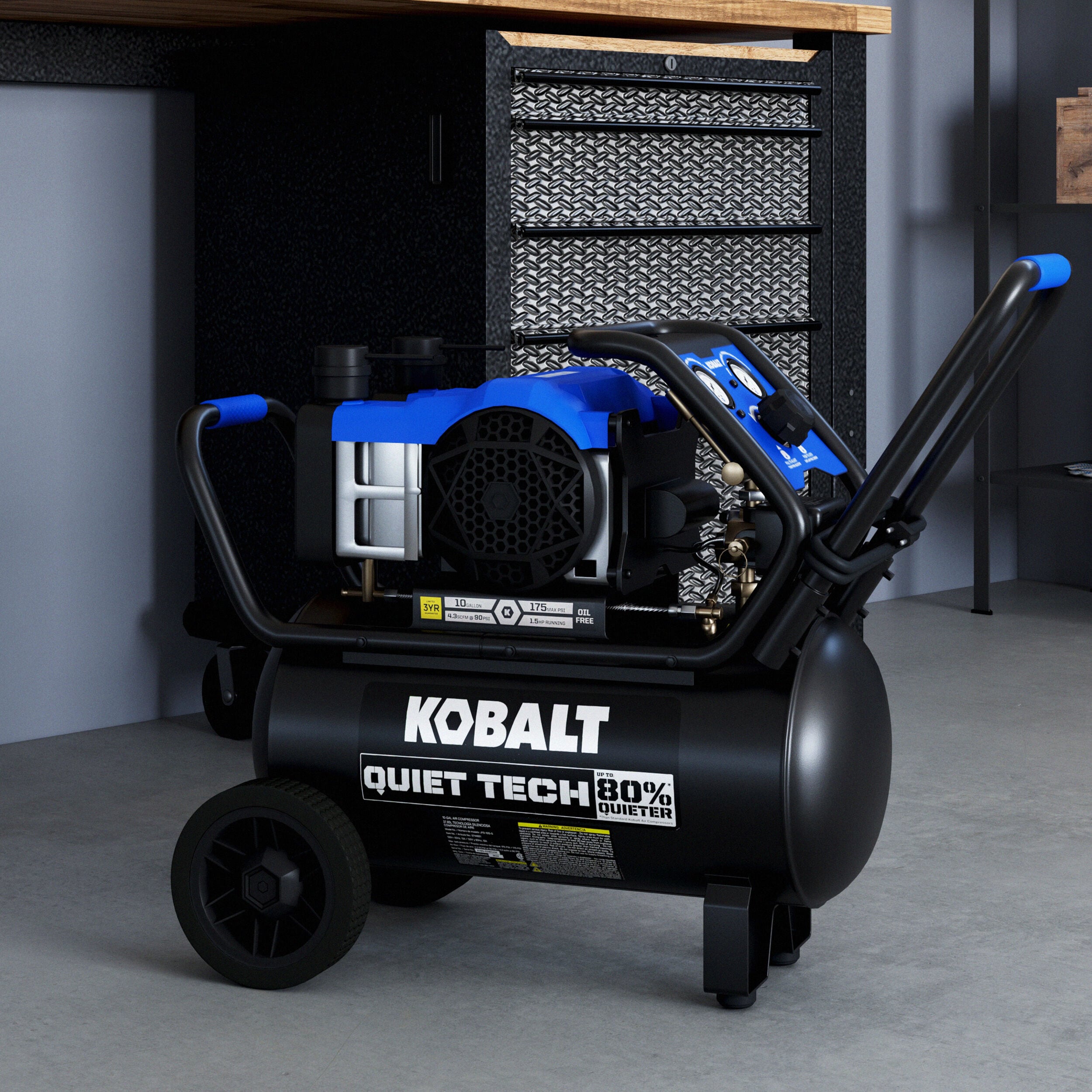Compresor de aire portátil horizontal de 10 galones Kobalt QUIET TECH con capacidad de 175 PSI JFD-10G-S
