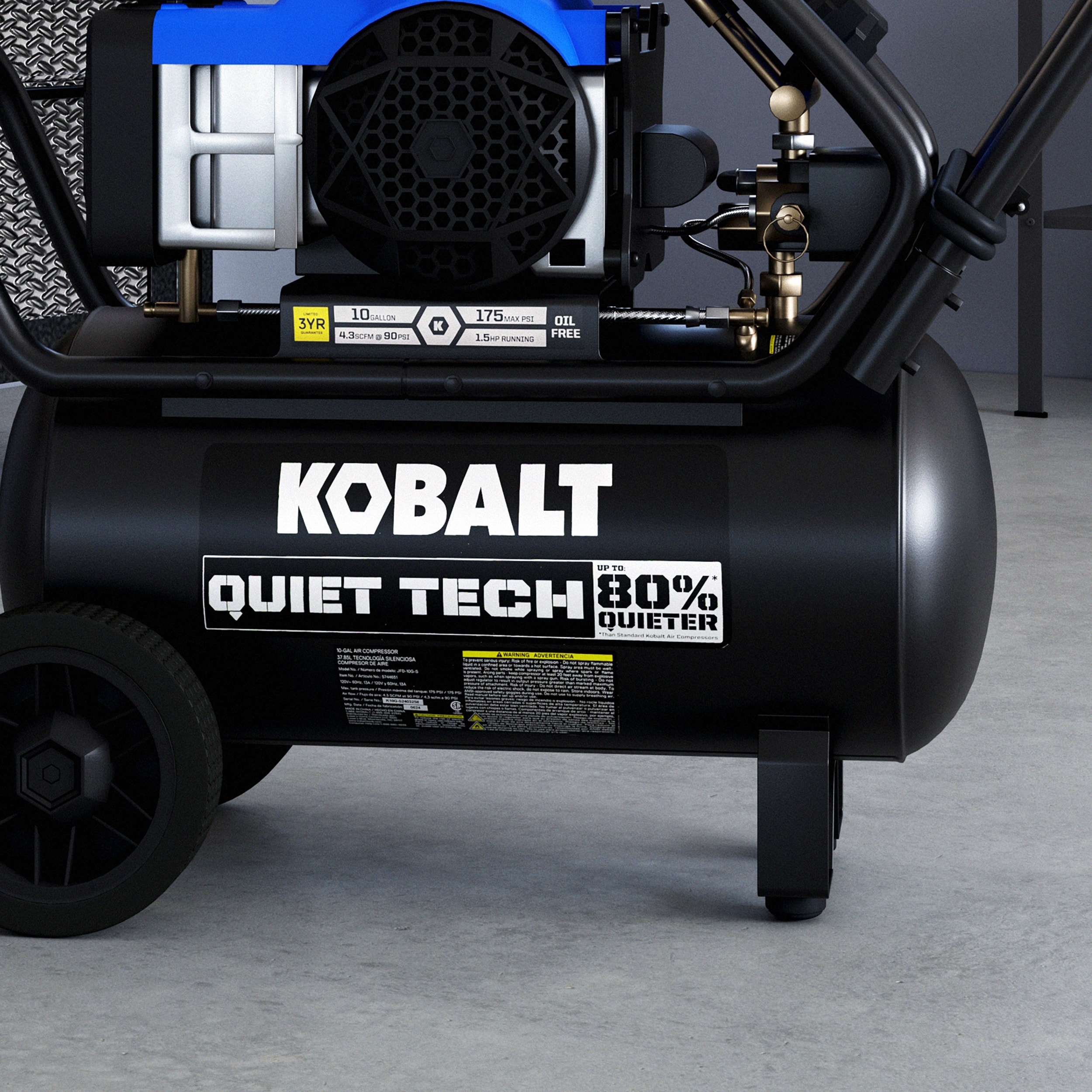 Compresor de aire portátil horizontal de 10 galones Kobalt QUIET TECH con capacidad de 175 PSI JFD-10G-S