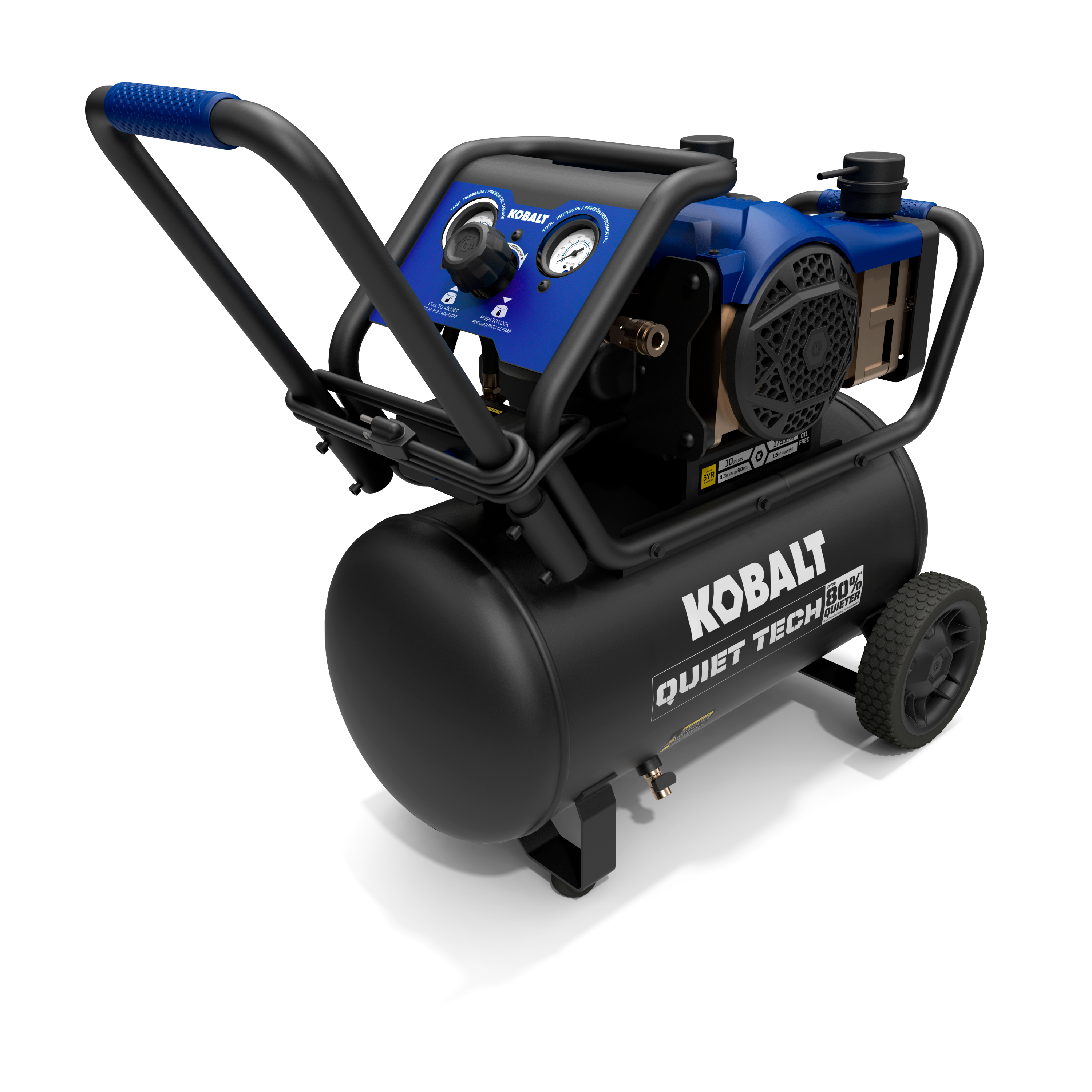 Compresor de aire portátil horizontal de 10 galones Kobalt QUIET TECH con capacidad de 175 PSI JFD-10G-S
