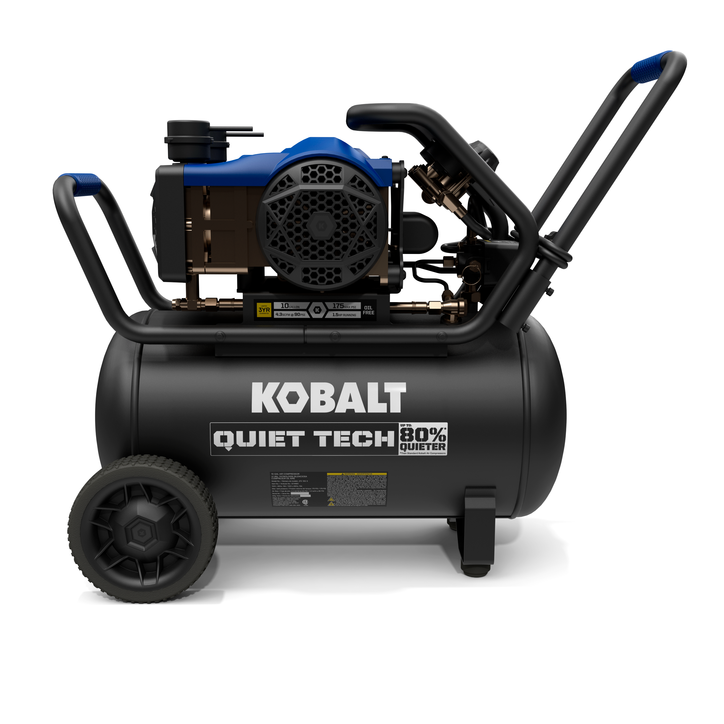 Compresor de aire portátil horizontal de 10 galones Kobalt QUIET TECH con capacidad de 175 PSI JFD-10G-S
