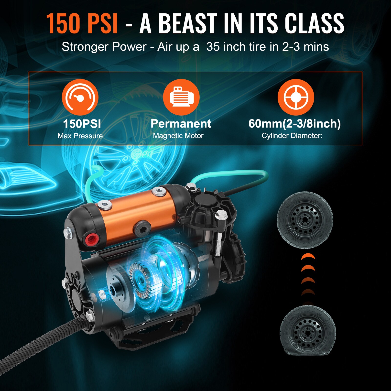 Compresor de Aire Horizontal Portátil Eléctrico de 150 PSI de VEVOR con Accesorios Incluidos