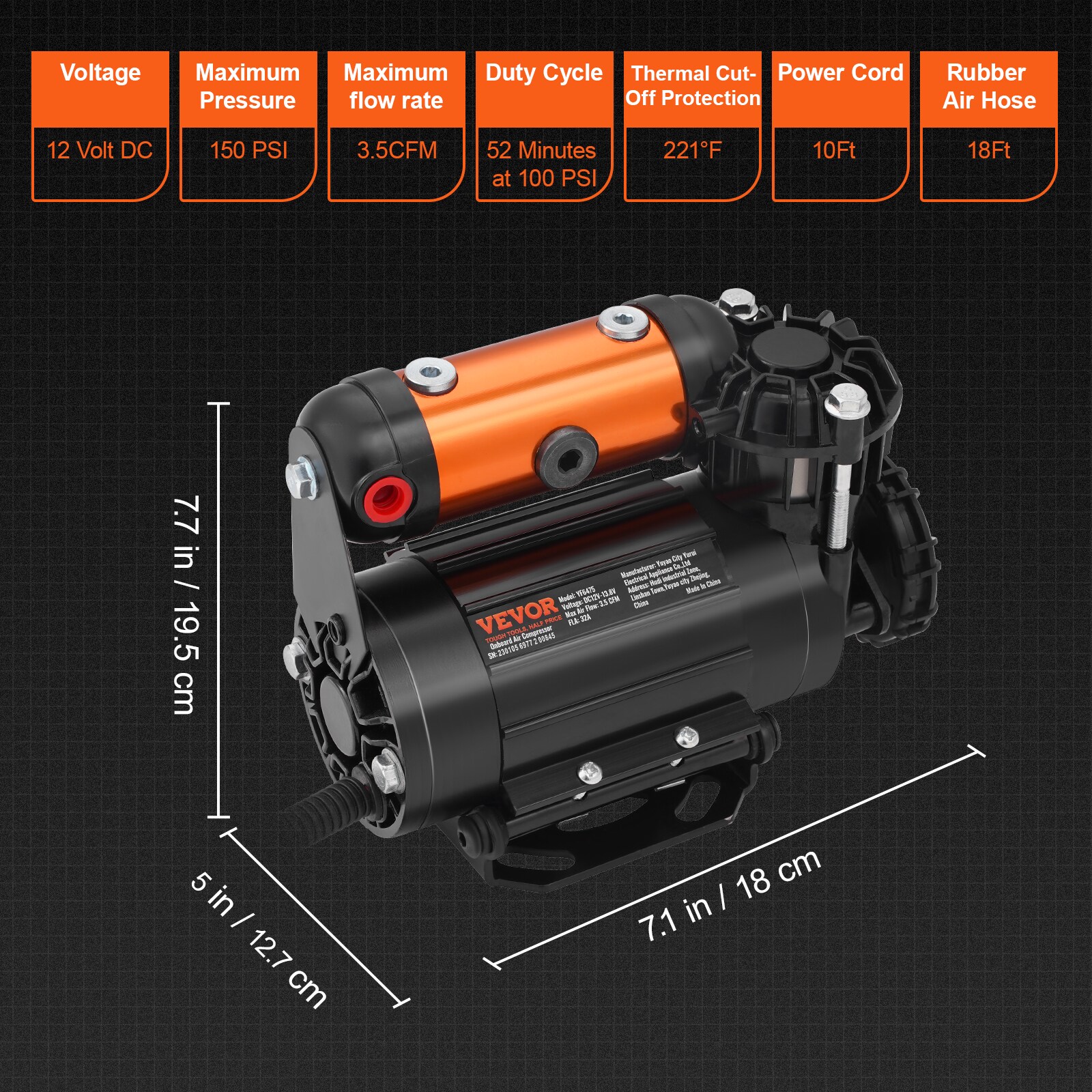Compresor de Aire Horizontal Portátil Eléctrico de 150 PSI de VEVOR con Accesorios Incluidos
