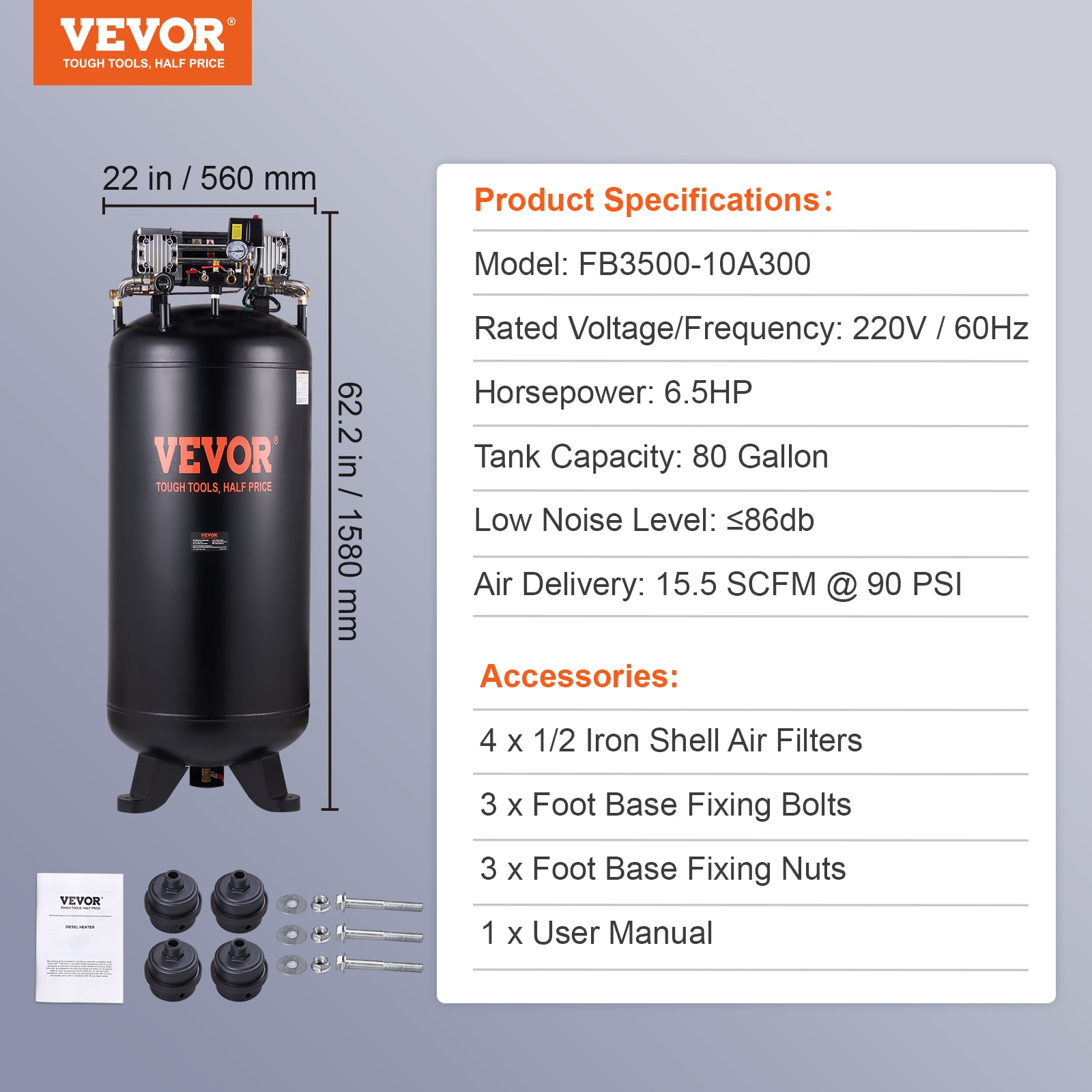 Compresor de aire vertical eléctrico inalámbrico de 80 galones con 100 PSI y accesorios incluidos