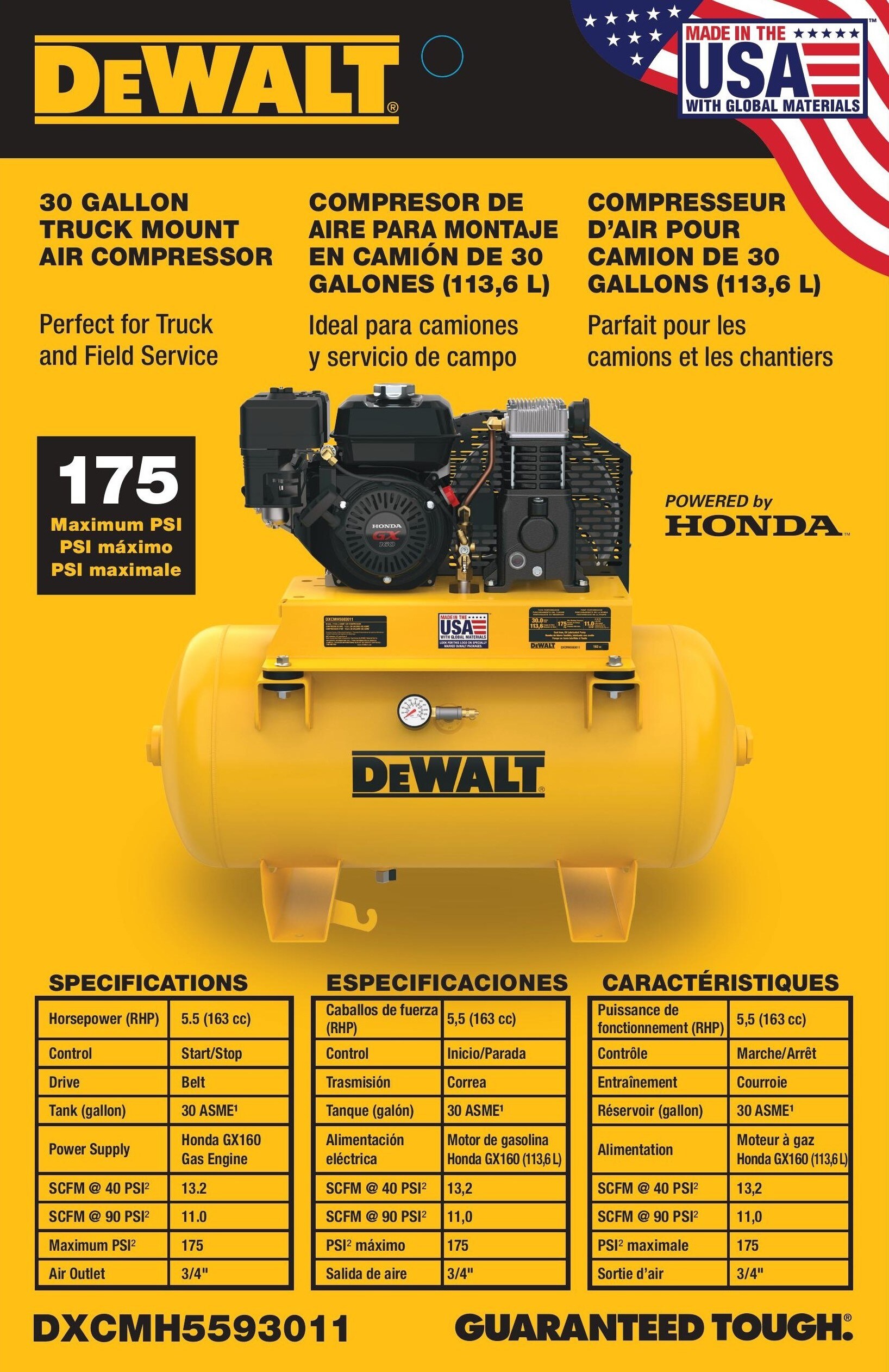 Compresor de aire horizontal DEWALT de 30 galones y 175 PSI de gasolina DXCMH5593011