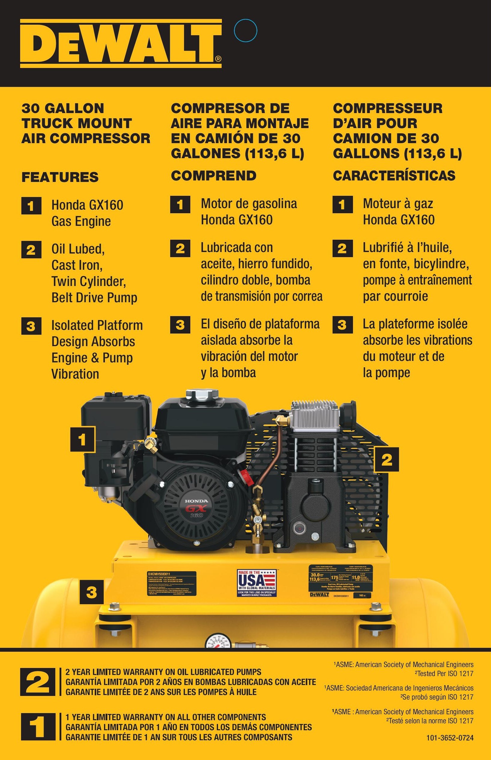 Compresor de aire horizontal DEWALT de 30 galones y 175 PSI de gasolina DXCMH5593011