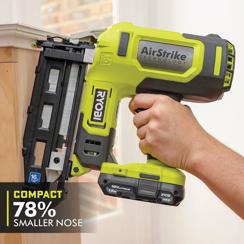 RYOBI ONE+ 18V Kit de Clavadora inalámbrica 18-Gauge AirStrike Brad con Clavadora de acabado AirStrike de 16-Gauge, batería de 1.5 Ah y cargador - PCL1202KN1