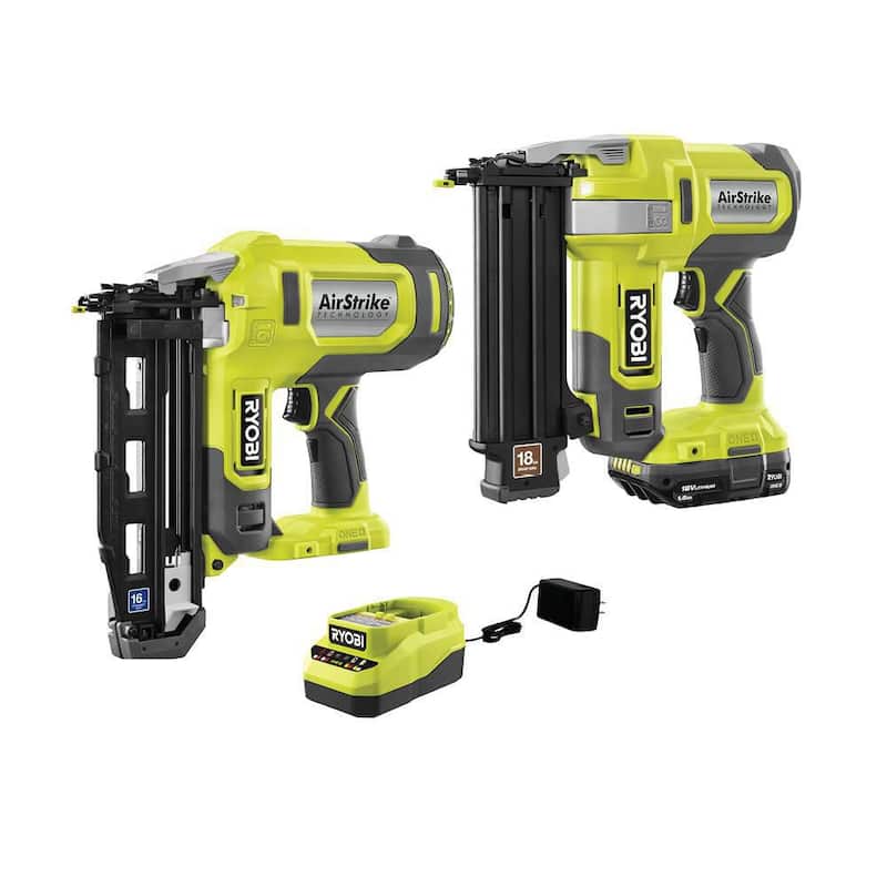RYOBI ONE+ 18V Kit de Clavadora inalámbrica 18-Gauge AirStrike Brad con Clavadora de acabado AirStrike de 16-Gauge, batería de 1.5 Ah y cargador - PCL1202KN1