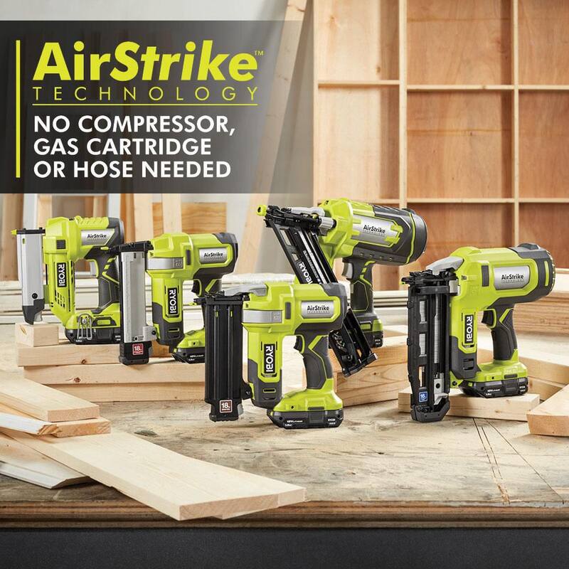 RYOBI ONE+ 18V Kit de Clavadora inalámbrica 18-Gauge AirStrike Brad con Clavadora de acabado AirStrike de 16-Gauge, batería de 1.5 Ah y cargador - PCL1202KN1