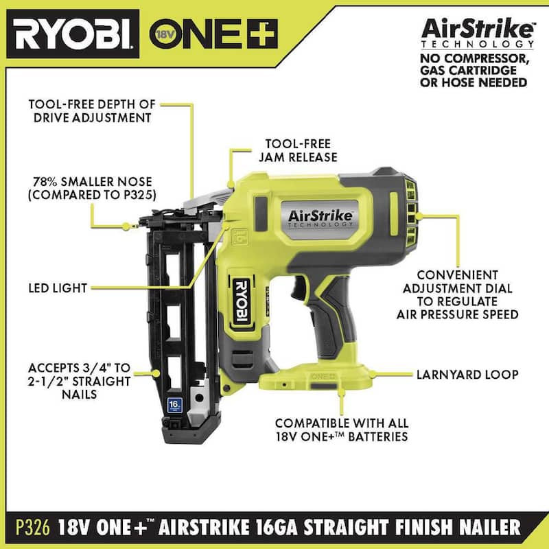 RYOBI ONE+ 18V Kit de Clavadora inalámbrica 18-Gauge AirStrike Brad con Clavadora de acabado AirStrike de 16-Gauge, batería de 1.5 Ah y cargador - PCL1202KN1