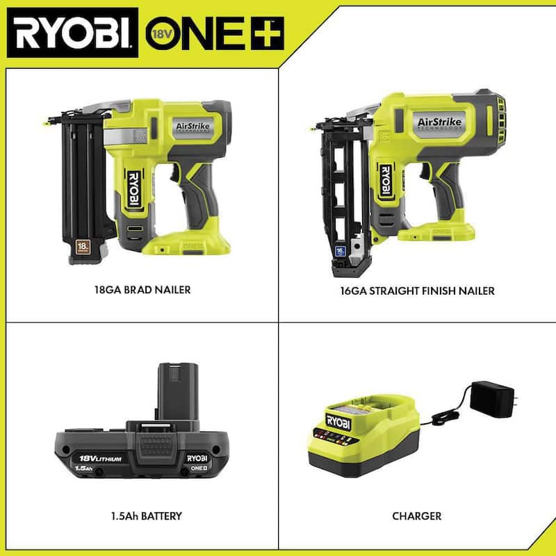 RYOBI ONE+ 18V Kit de Clavadora inalámbrica 18-Gauge AirStrike Brad con Clavadora de acabado AirStrike de 16-Gauge, batería de 1.5 Ah y cargador - PCL1202KN1