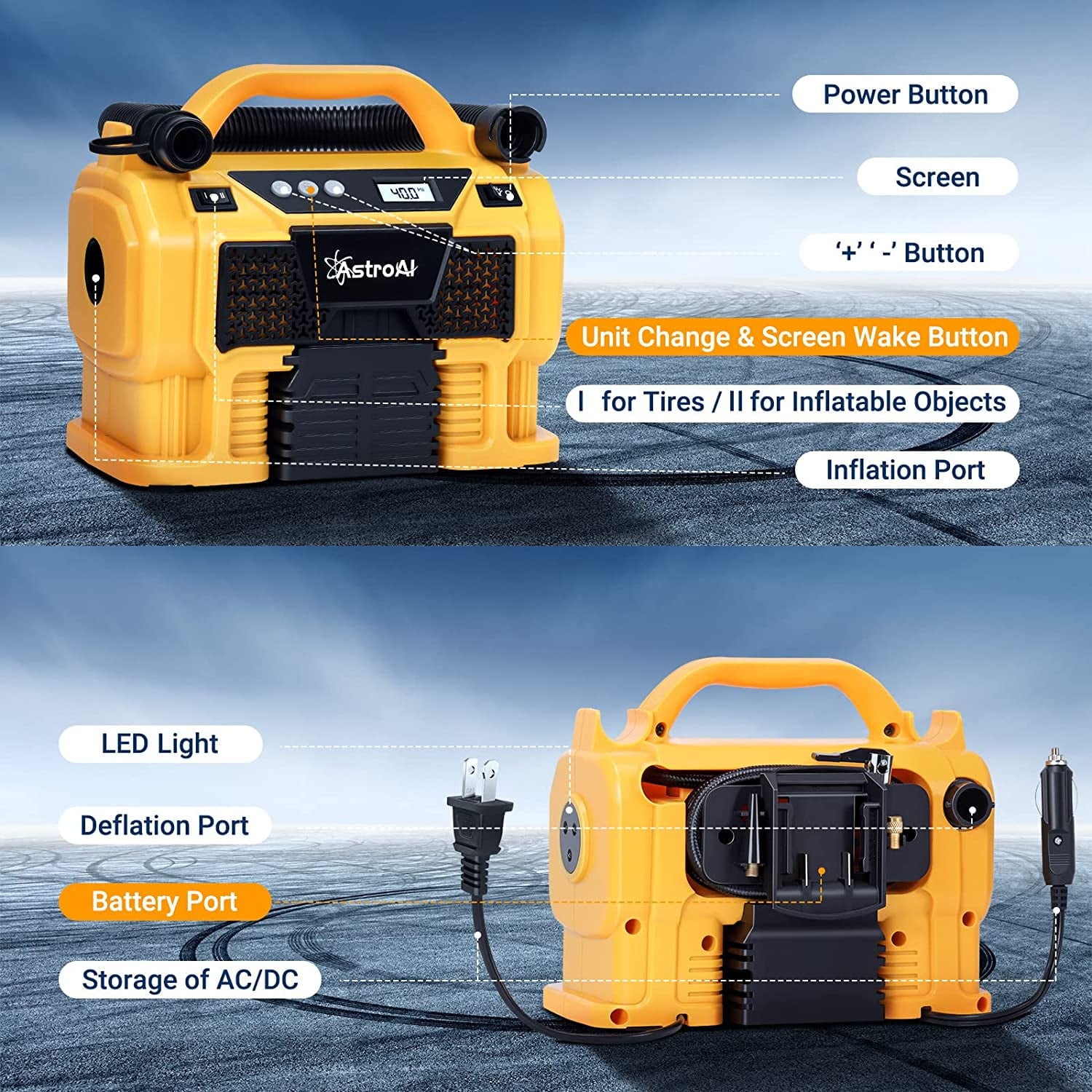Compresor de aire tipo panqueque portátil AstroAI de 225 PSI con accesorios incluidos
