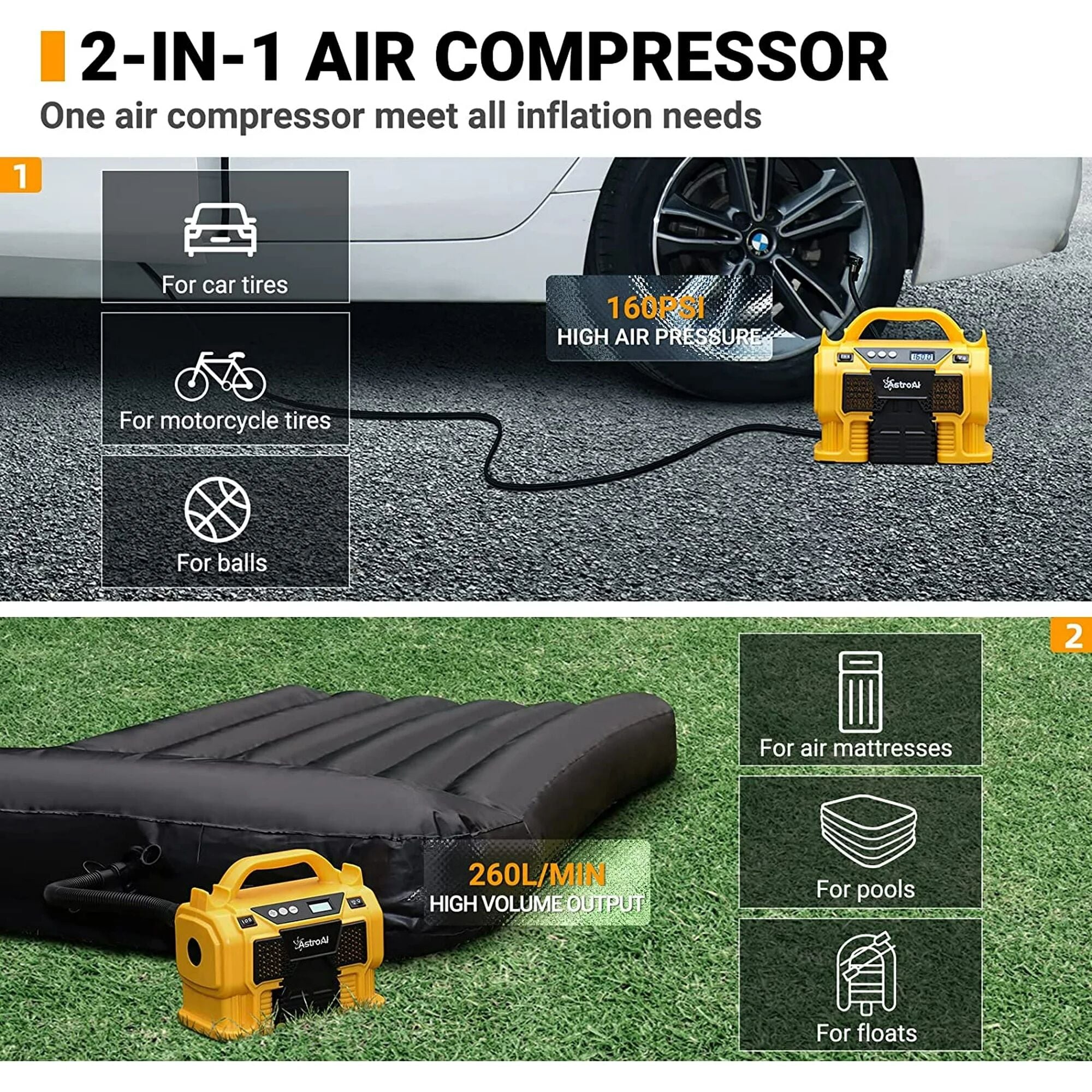 Compresor de aire tipo panqueque portátil AstroAI de 225 PSI con accesorios incluidos