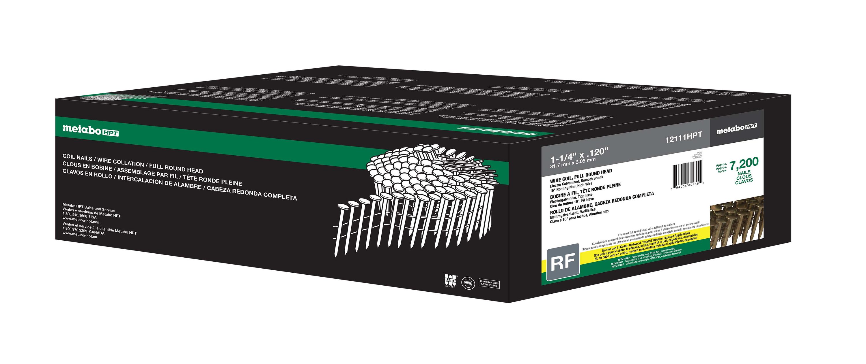 Clavos para techos en bobina galvanizados electro 1-1/4" a 15 grados Metabo HPT - caja de 7200 unidades