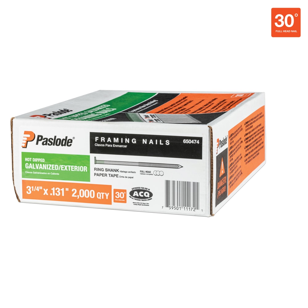 Clavos para armazones galvanizados de 3-1/4 pulgadas x 0.131 pulgadas, con cabeza anillada y ángulo de 30 grados (2000 unidades por caja) 650474