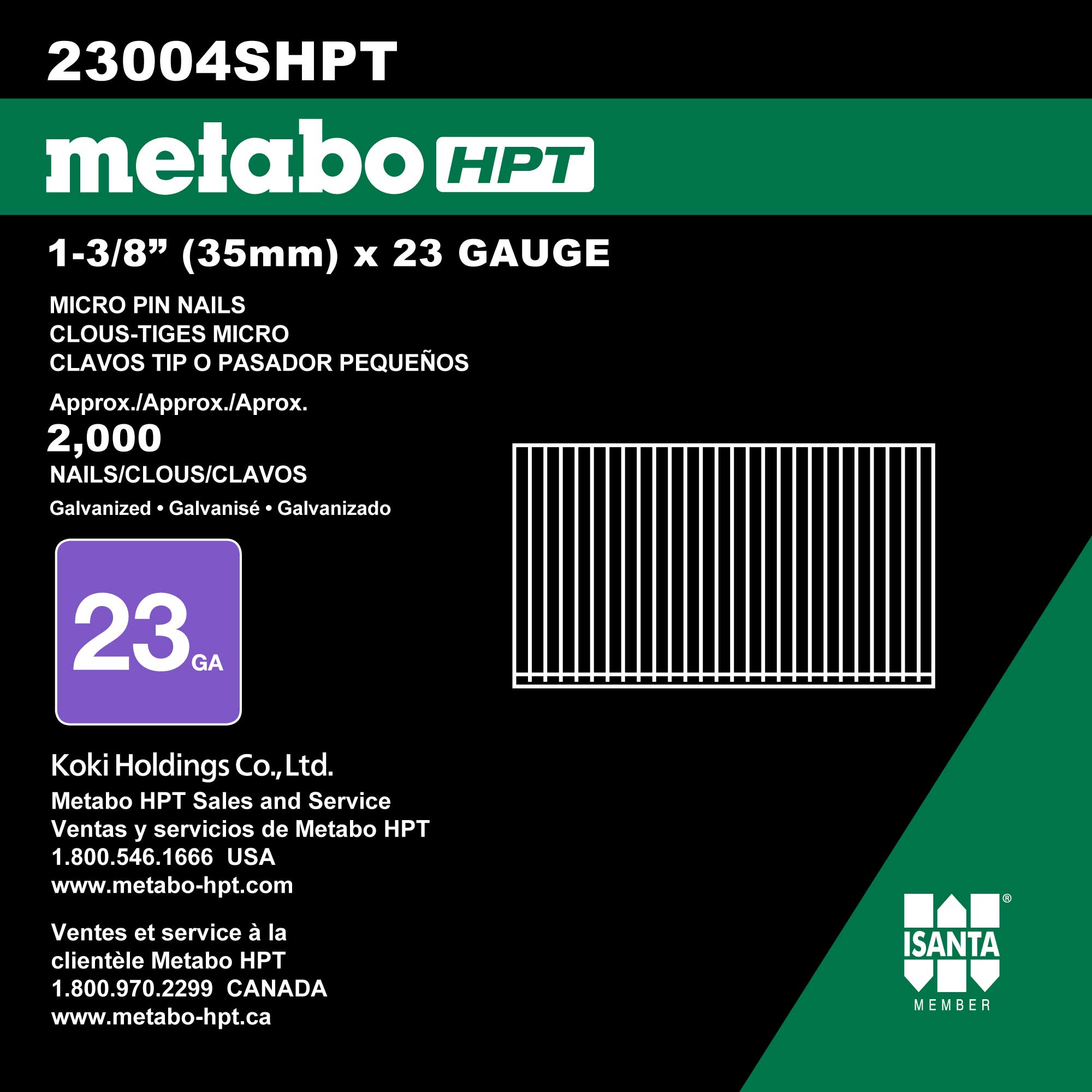Clavos rectos colados de electro-galvanizado de calibre 23 de 1-3/8 pulgadas Metabo HPT 23004SHPT