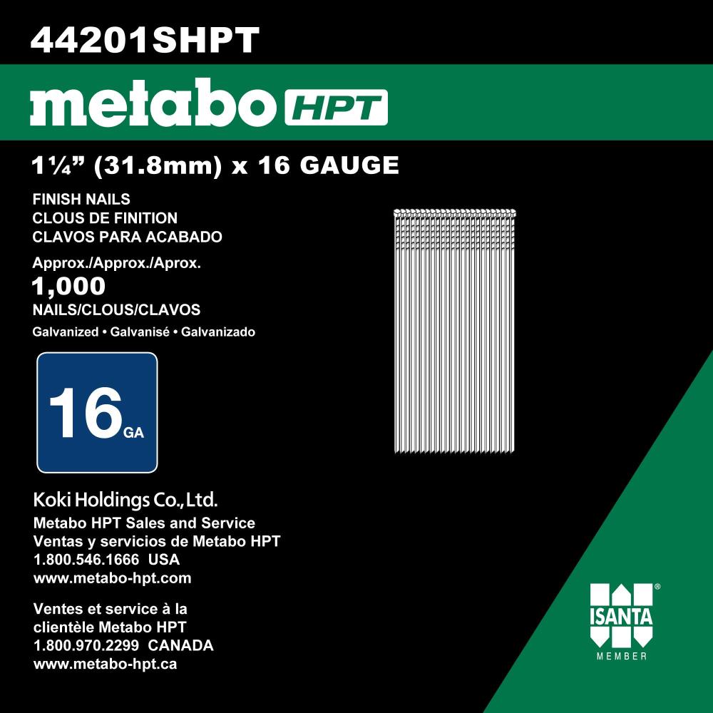 Clavos galvanizados rectos de acabado encolados de 16 calibres 1-1/4 pulgadas, 1000 por caja - Metabo HPT 44201SHPT