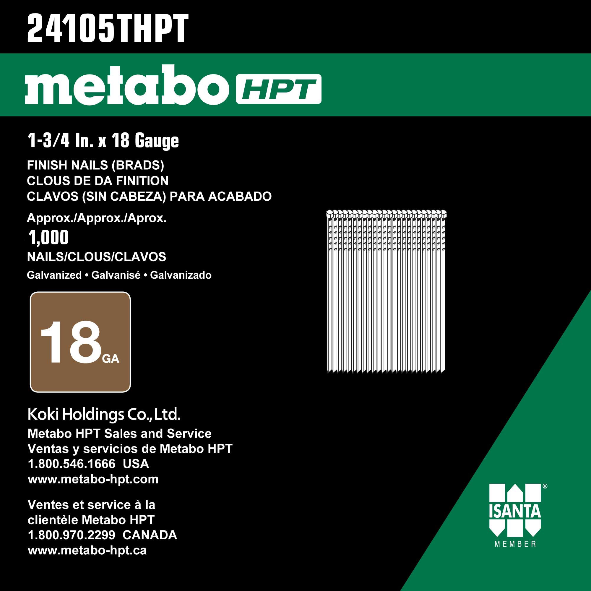 Clavos rectos galvanizados electrolíticos de 1-3/4 pulgadas calibre 18 Metabo HPT en caja de 1000 unidades