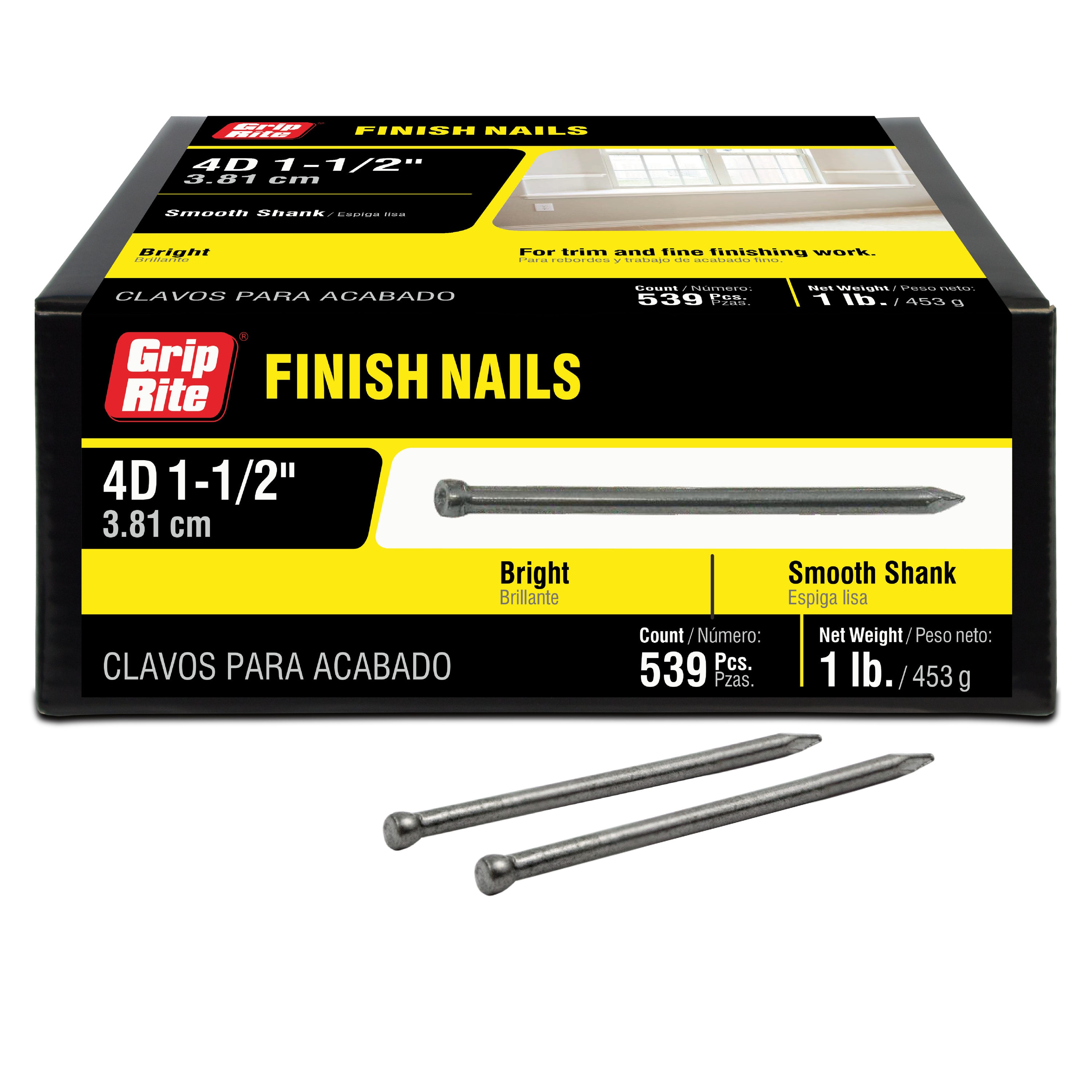 Clavos con acabado amarillo de zinc de calibre 15 de 1-1/2 pulgadas Grip-Rite 539 por caja 4F1