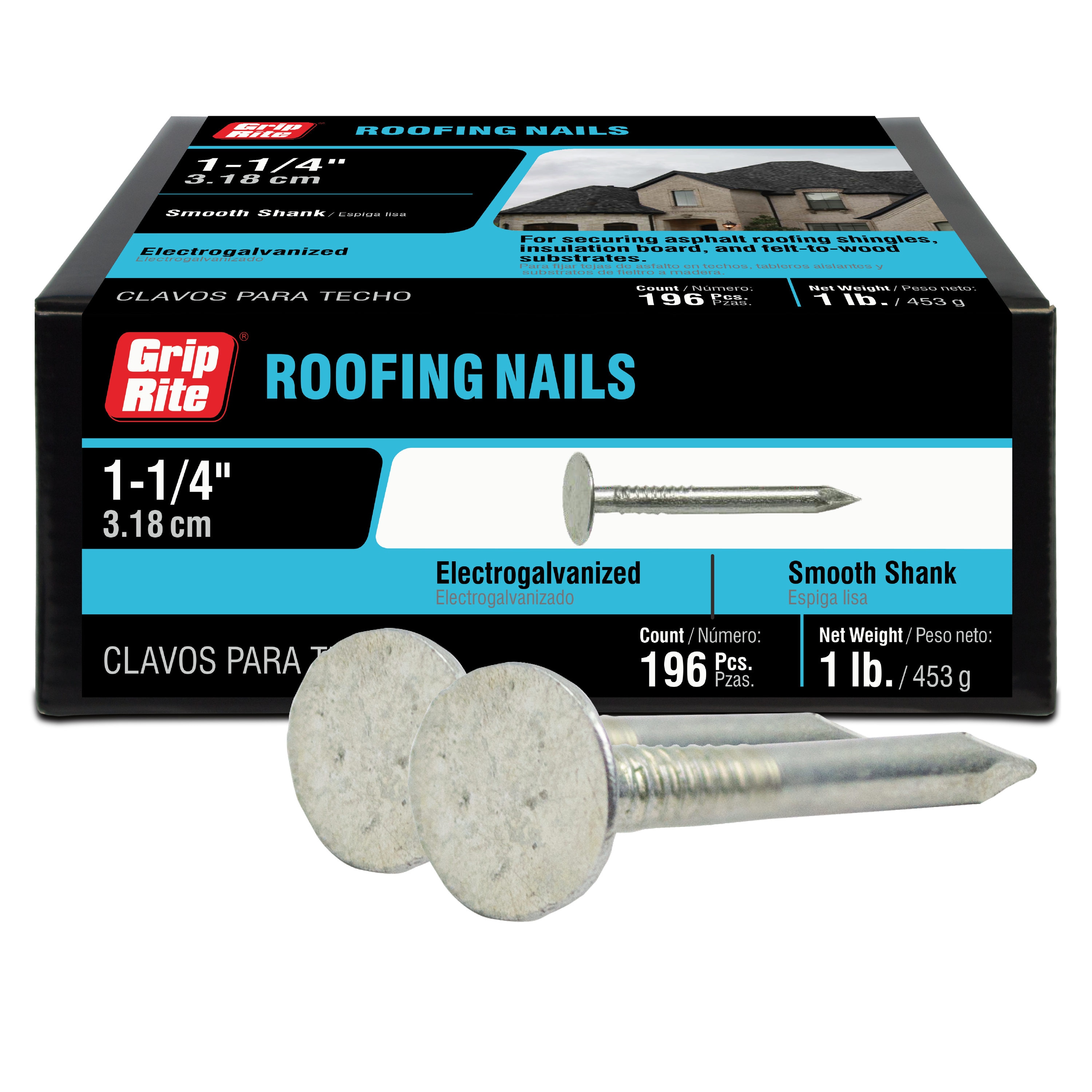 Clavos para techado galvanizados electrodo 1-1/4 pulgadas de Grip-Rite, lisos - caja de 196.