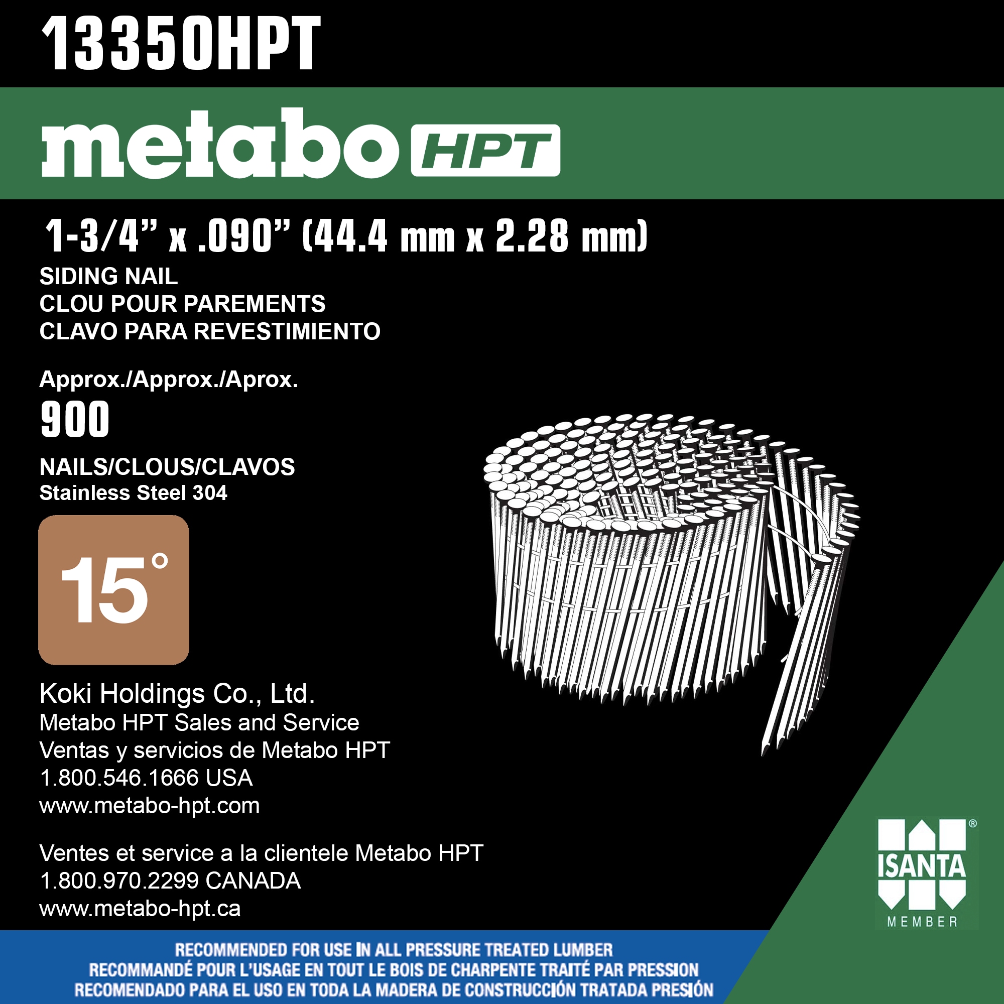 Clavos de acero inoxidable para revestimiento de 15 grados, acanalados en anillo, Metabo HPT 1-3/4 pulgadas - caja de 900 clavos