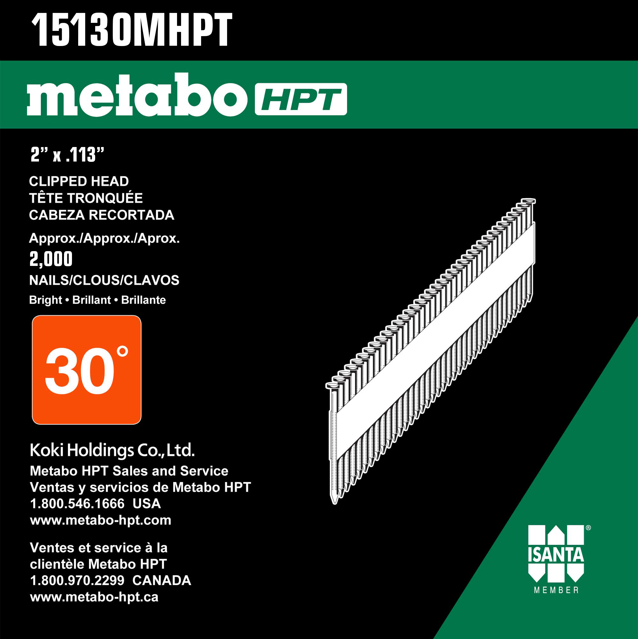 Clavos para Entablillado en Cola Metabo HPT de 30 grados y 2 pulgadas x 0.113 pulgadas con recubrimiento de galvanizado en caliente (2000 unidades por caja) 15130MHPT