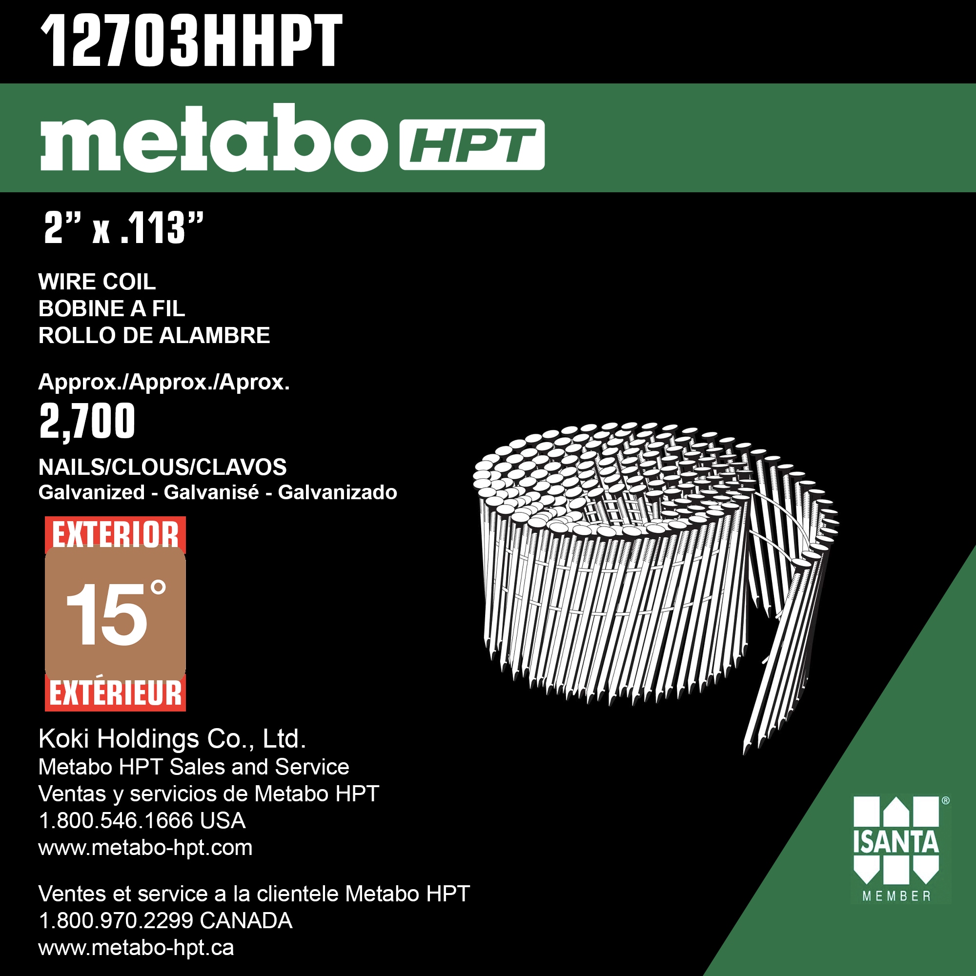 Clavos para estructuras encolados de 15 grados con galvanización en caliente Metabo HPT de 2 pulgadas x 0.113 pulgadas (2700 por caja) 12703HHPT