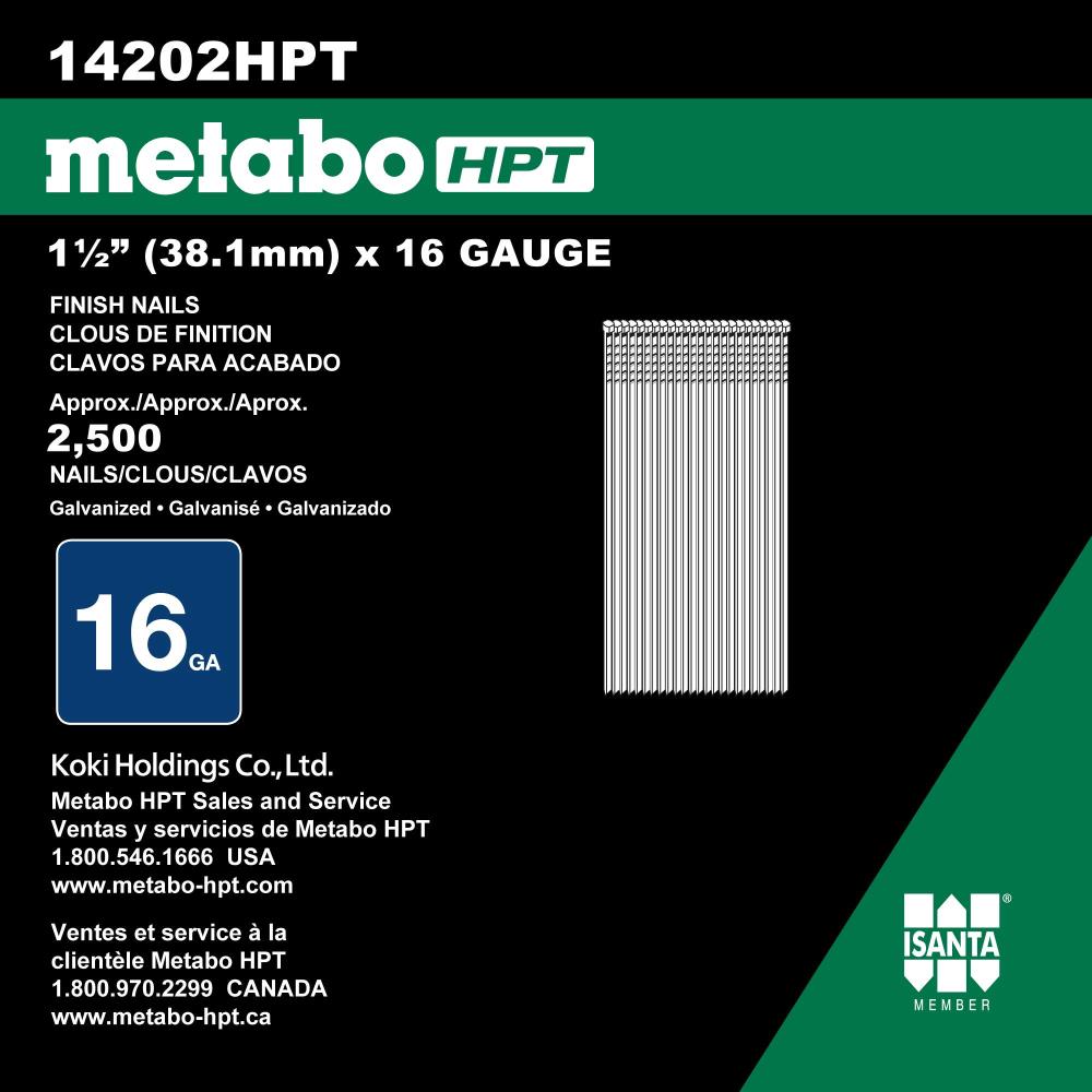 Clavos de Acabado Rectos Galvanizados Electro en Cola de 16 Gauges 1-1/2 Pulgadas Metabo HPT - Caja de 2500 unidades 14202HPT