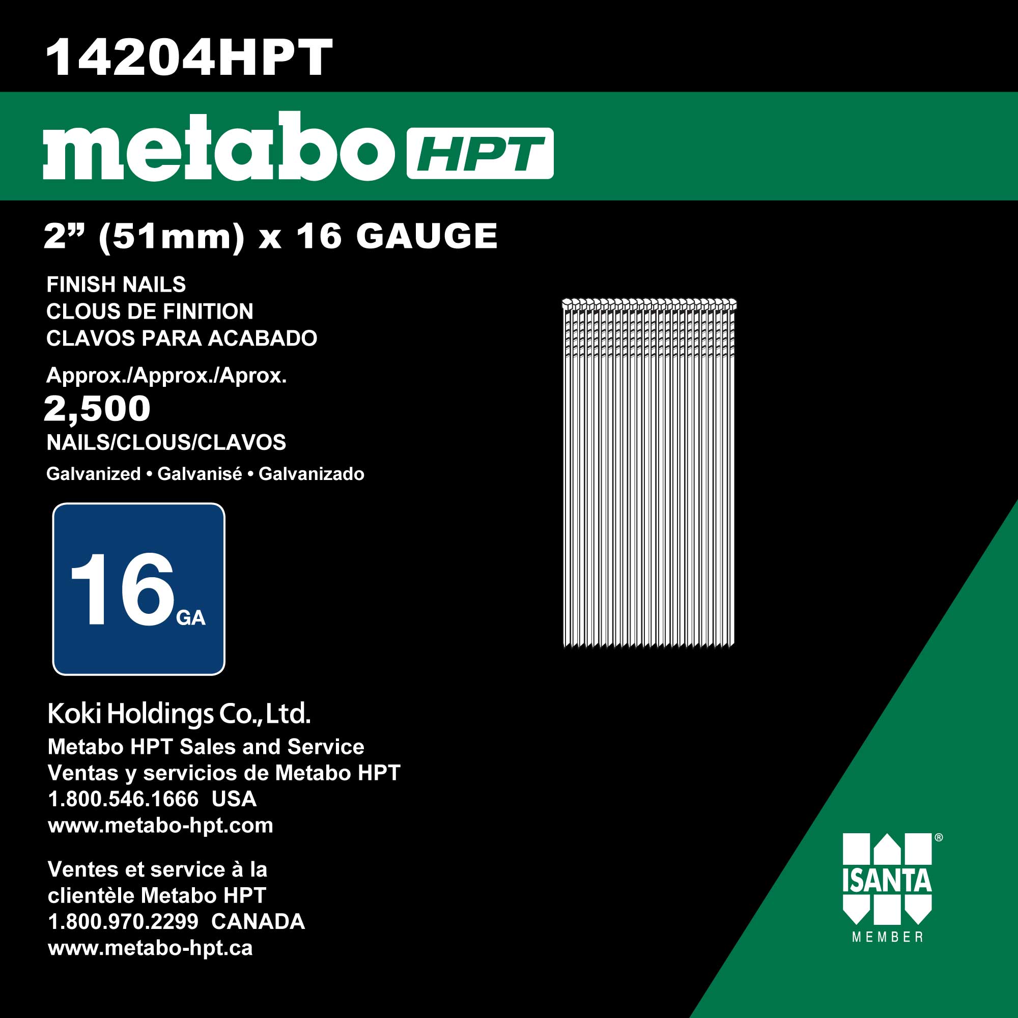 Clavos rectos galvanizados de calibre 16 en tiras, Metabo HPT, 2500 unidades por caja