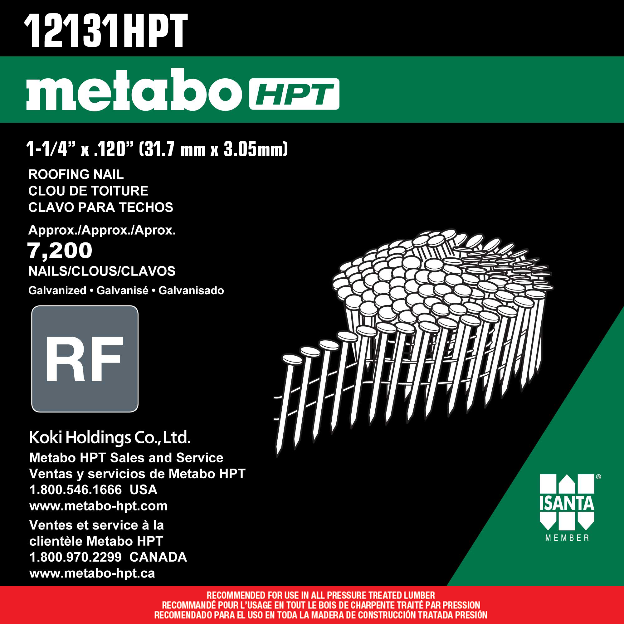 Clavos para techos en rollo galvanizados por inmersión en caliente con cabeza de anillo de 1-1/4 pulgadas y ángulo de 16 grados Metabo HPT - 7200 unidades por caja - 12131HPT