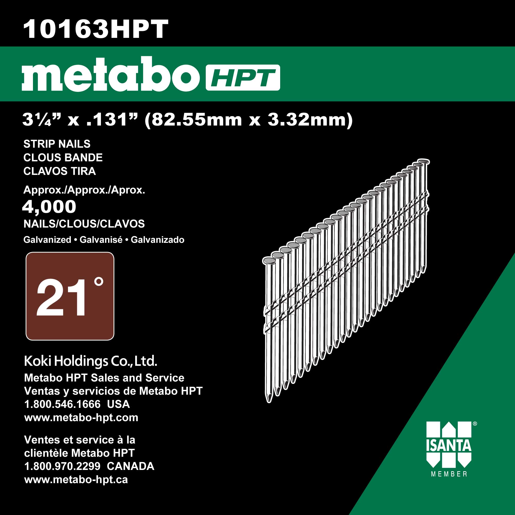 Clavos para armazón galvanizados en caliente de 21 grados con vástago liso de 3-1/4 pulgadas x 0.131 pulgadas (4000 por caja) Metabo HPT 10163HPT