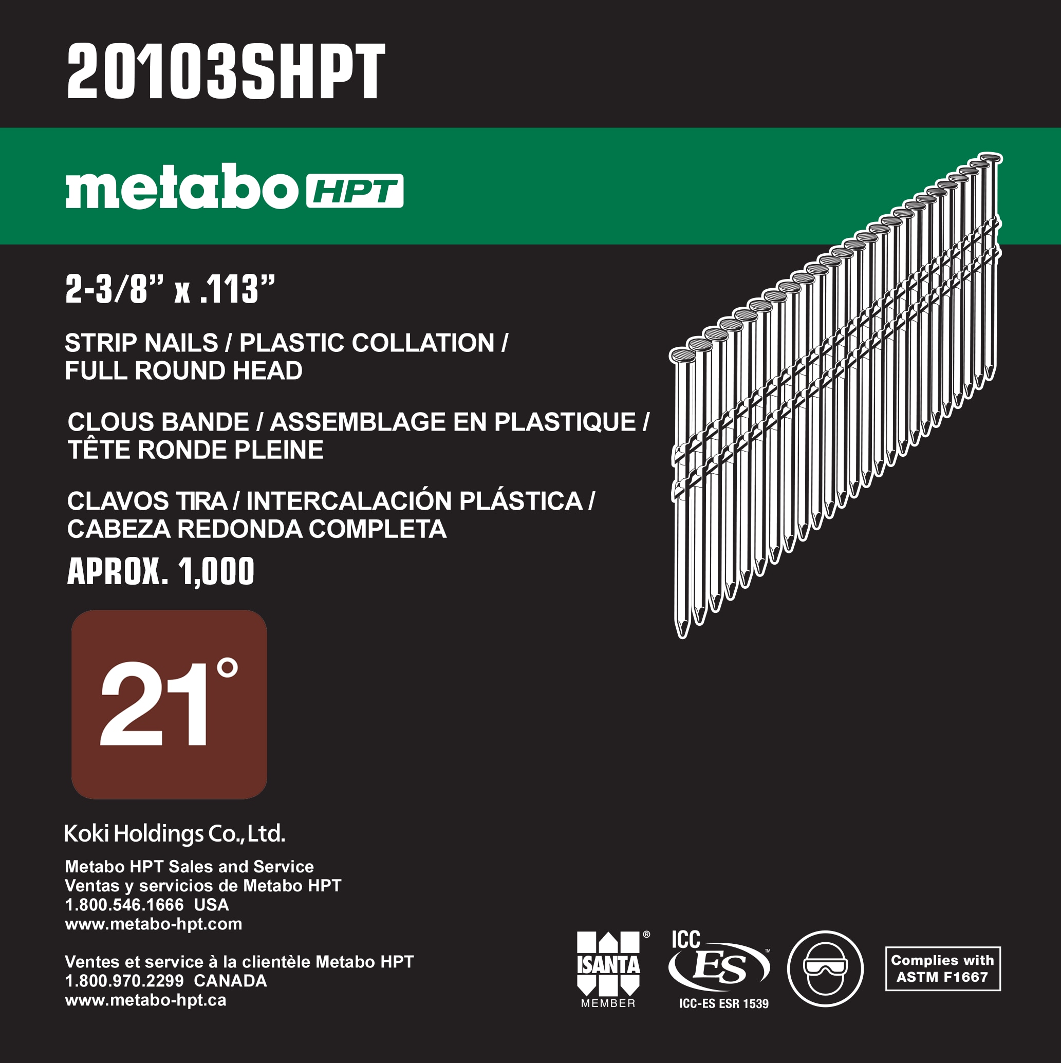 Clavos de Armazón Collated 2-3/8 pulgadas x 0.113 pulgadas con Punta en Anillo Brillante y Ángulo de 21 grados (1000 por caja) Metabo HPT 20103SHPT