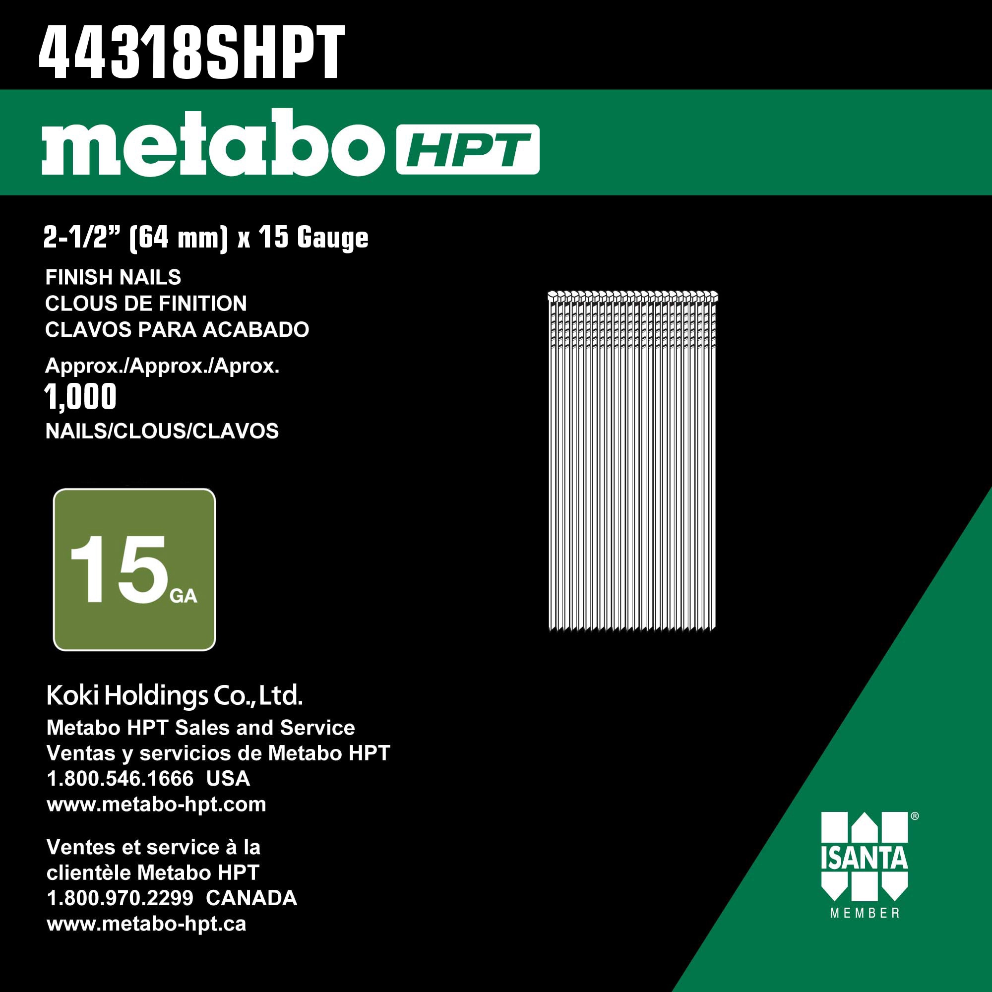 Clavos Rectos de Acabado de Acero Inoxidable de 15 Galgas 2-1/2 pulgadas Metabo HPT - 1000 por caja