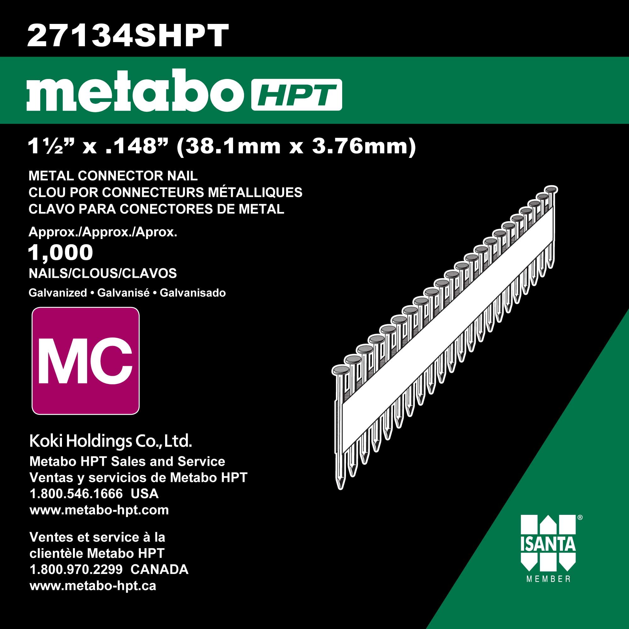 Clavos para colgador de vigas galvanizados electroquímicos de 36 grados de 1-1/2 pulgadas x 0.148 pulgadas de Metabo HPT (1000 unidades por caja) 27134SHPT