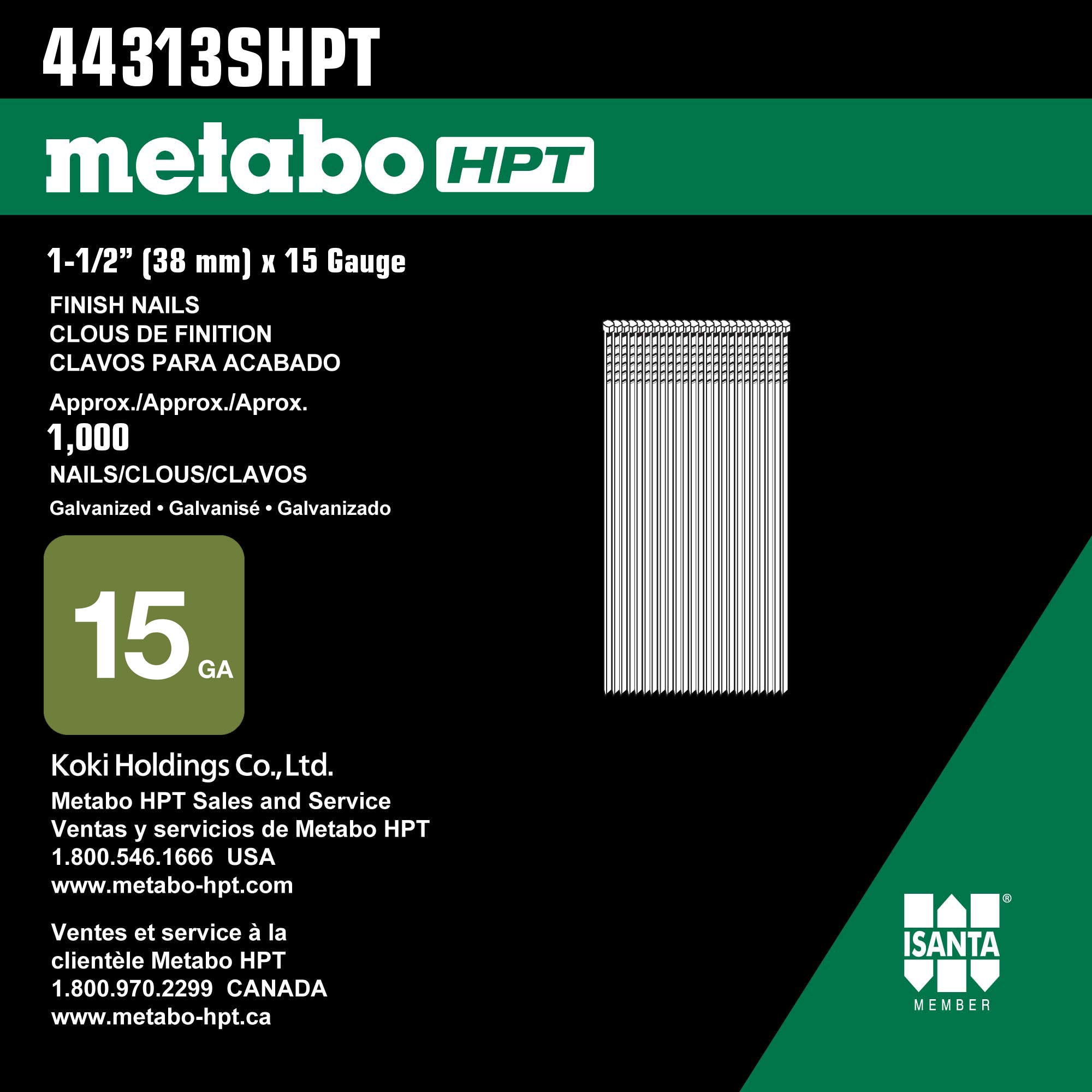 Clavos de acabado galvanizados eléctricos rectos de calibre 15 de 1-1/2 pulgadas Metabo HPT 1000 clavos por caja 44313SHPT