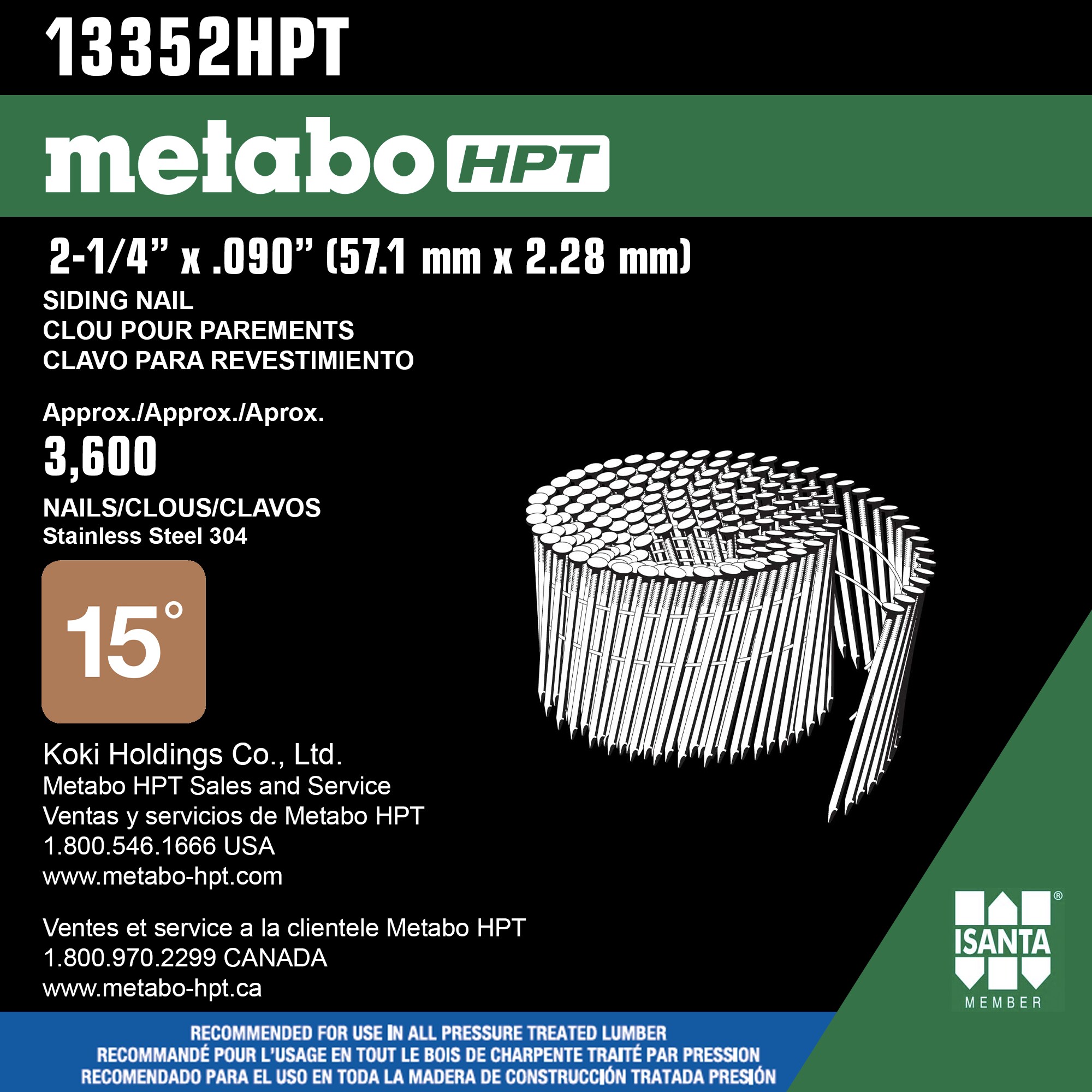 Clavos para revestimiento de acero inoxidable de 15 grados de 2-1/4 pulgadas Metabo HPT, 900 por caja