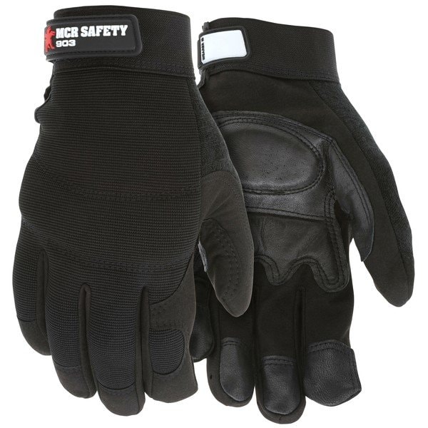 Guantes de mecánico Mcr Safety, grandes, de piel, negros, cierre ajustable - 903L