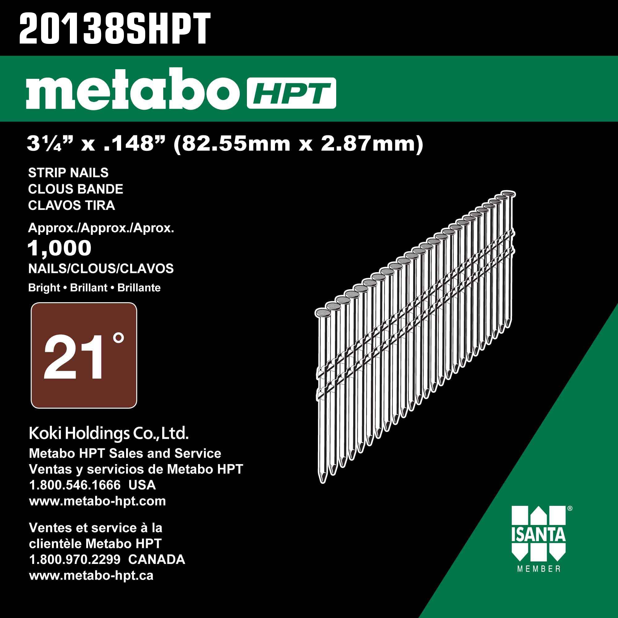 Clavos de marco encolados Metabo HPT de 3-1/4 pulgadas x 0.148 pulgadas, con vástago liso brillante de 21 grados (1000 por caja) 20138SHPT