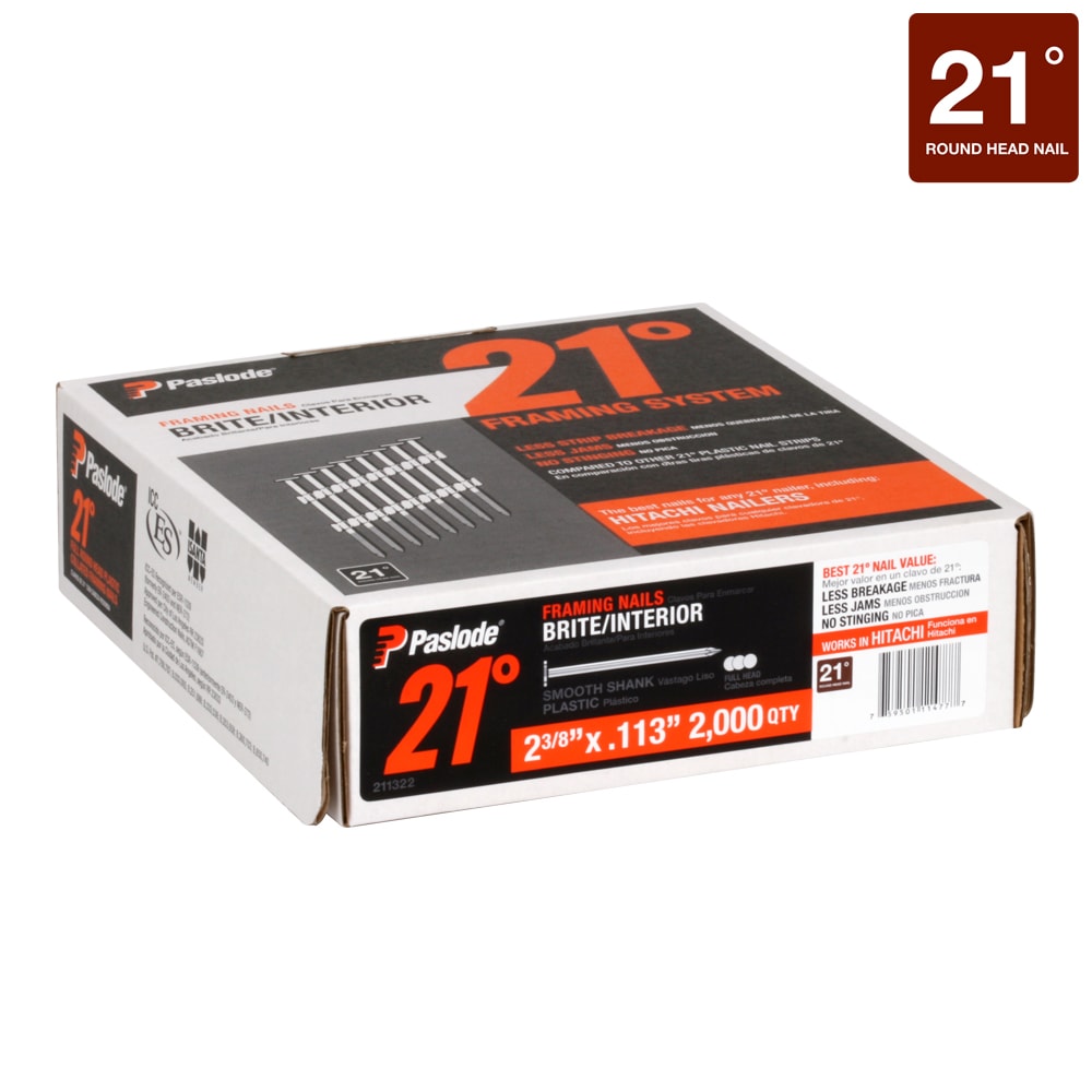 Clavos de armazón colados con vástago liso de 21 grados de 2-3/8 pulgadas x 0.113 pulgadas (2000 por caja) 211322