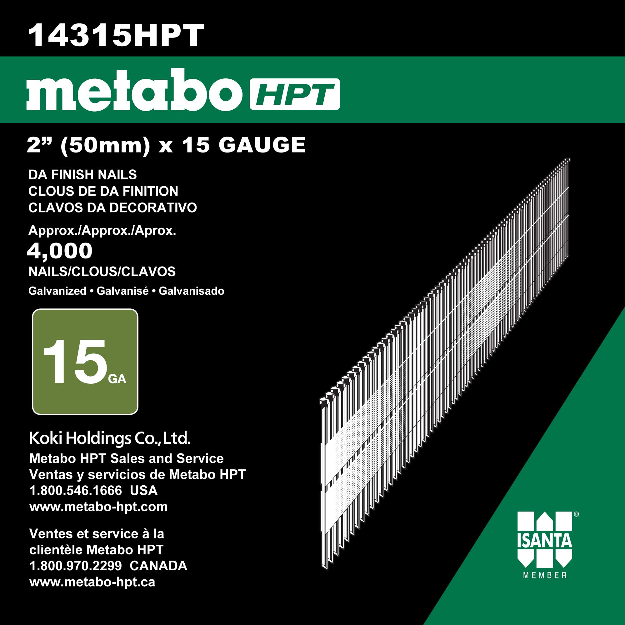 Clavos de Acabado Angular Electrogalvanizados en Caja de 4000 unidades - Calibre 15, Metabo HPT