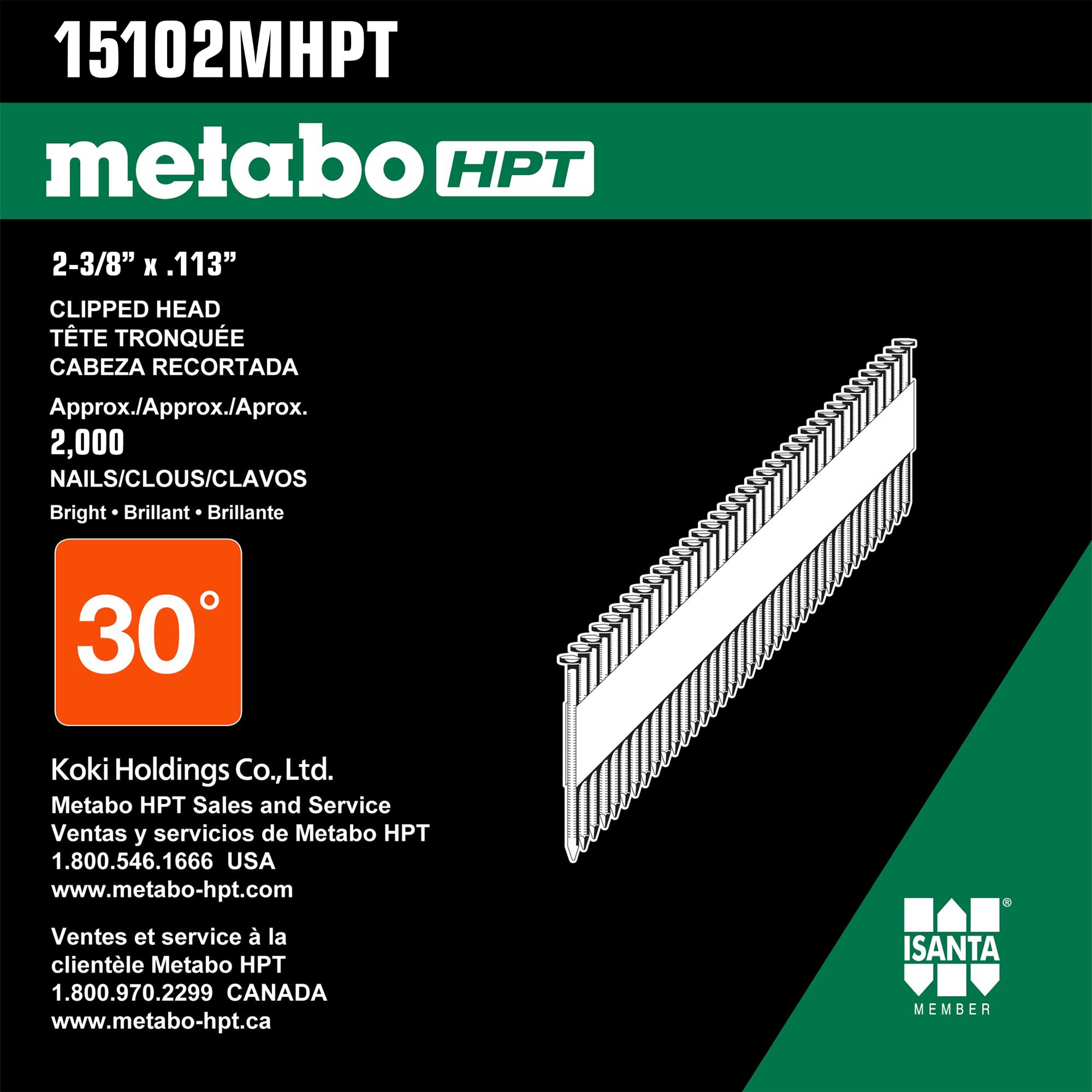 Clavos de armadura colados Metabo HPT de 2-3/8 pulgadas x 0.113 pulgadas, 30 grados, brillantes y lisos (2000 por caja) 15102MHPT