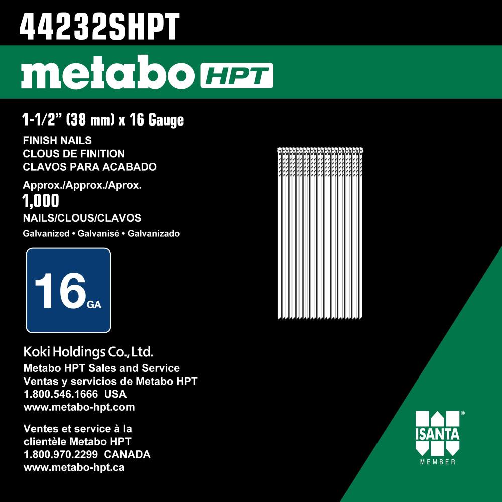 Clavos de acabado rectos de acero inoxidable de calibre 16 Metabo HPT 1-1/2 pulgadas, 1000 unidades por caja 44232SHPT.