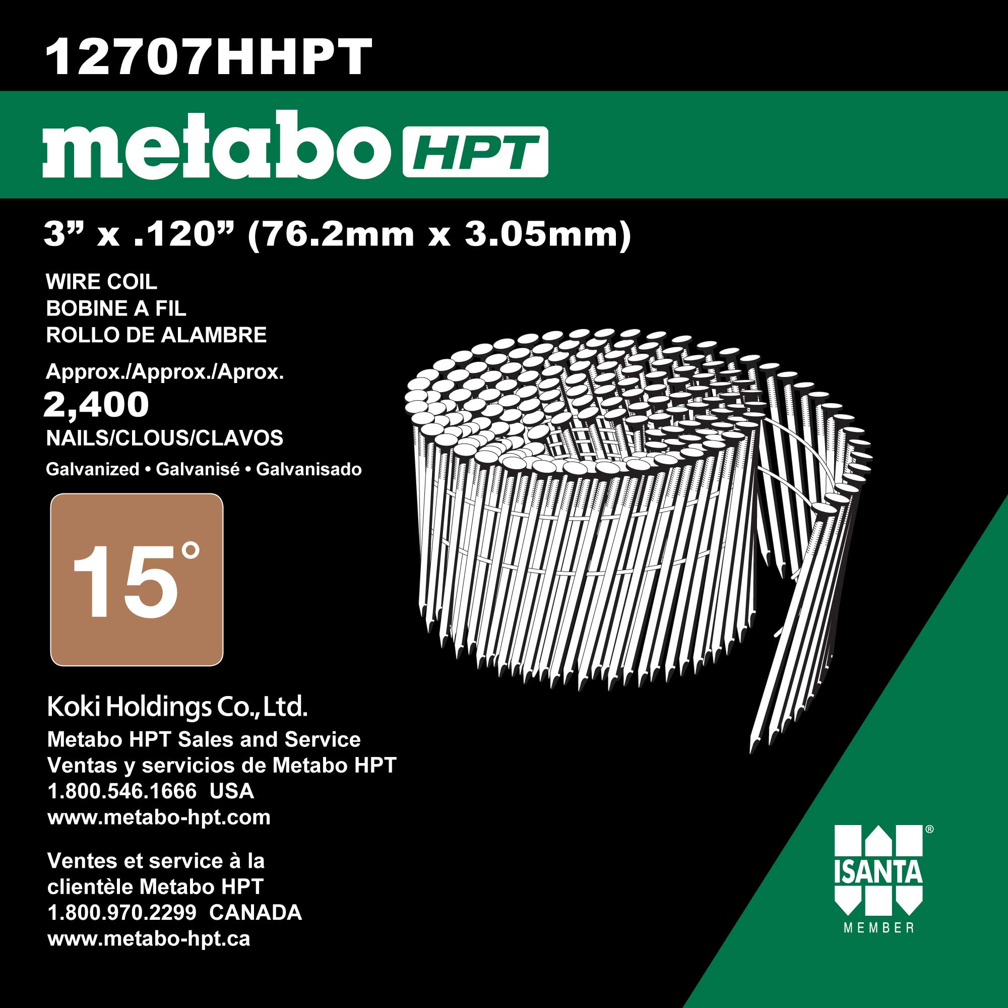 Clavos para armado de estructuras con anillo retorcido y galvanizado en caliente de Metabo HPT 3 pulgadas x 0.12 pulgadas a 15 grados (2400 por caja) 12707HHPT
