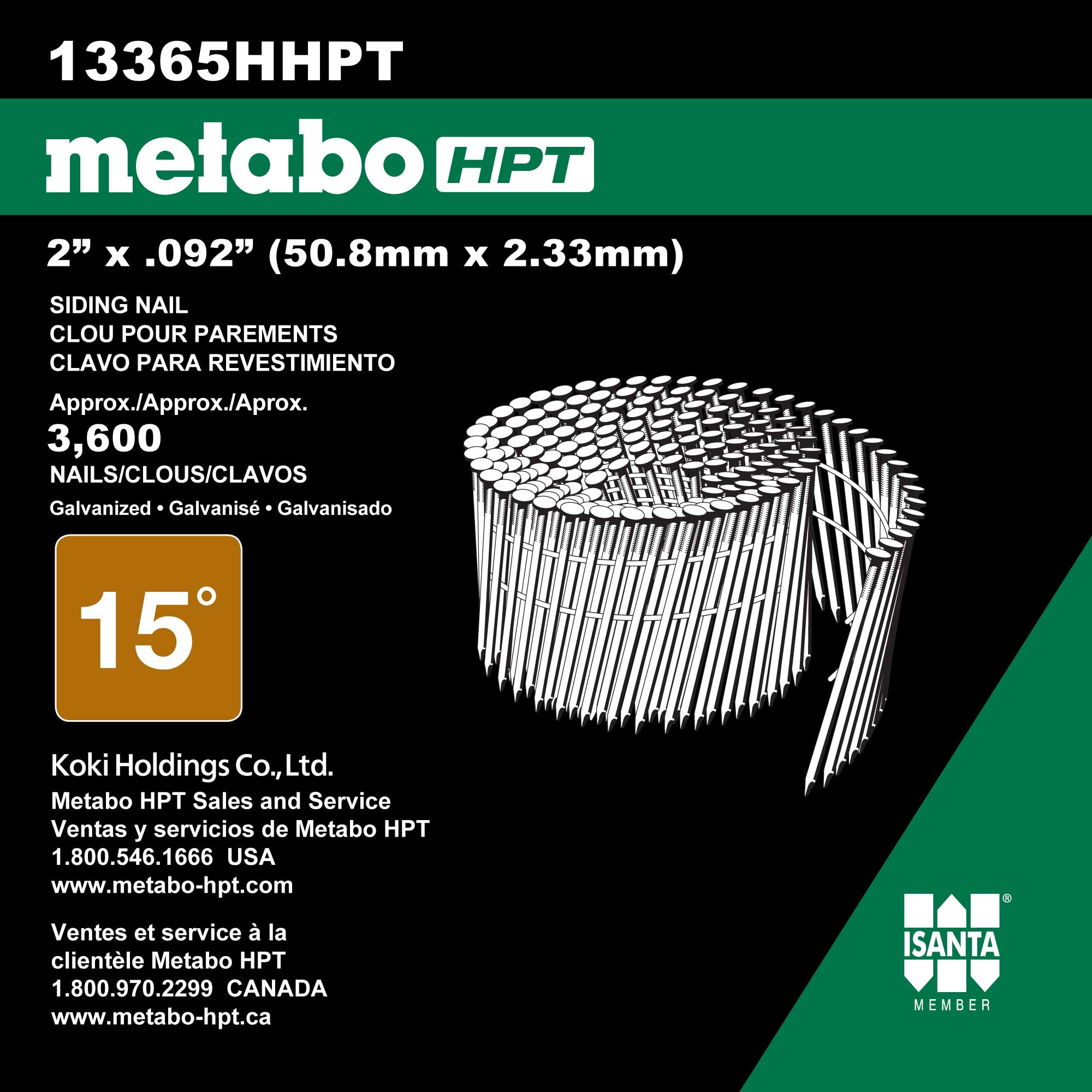Clavos para siding con anillo y galvanizado en caliente de 15 grados, collated con alambre - 3600 unidades por caja (13365HHPT)